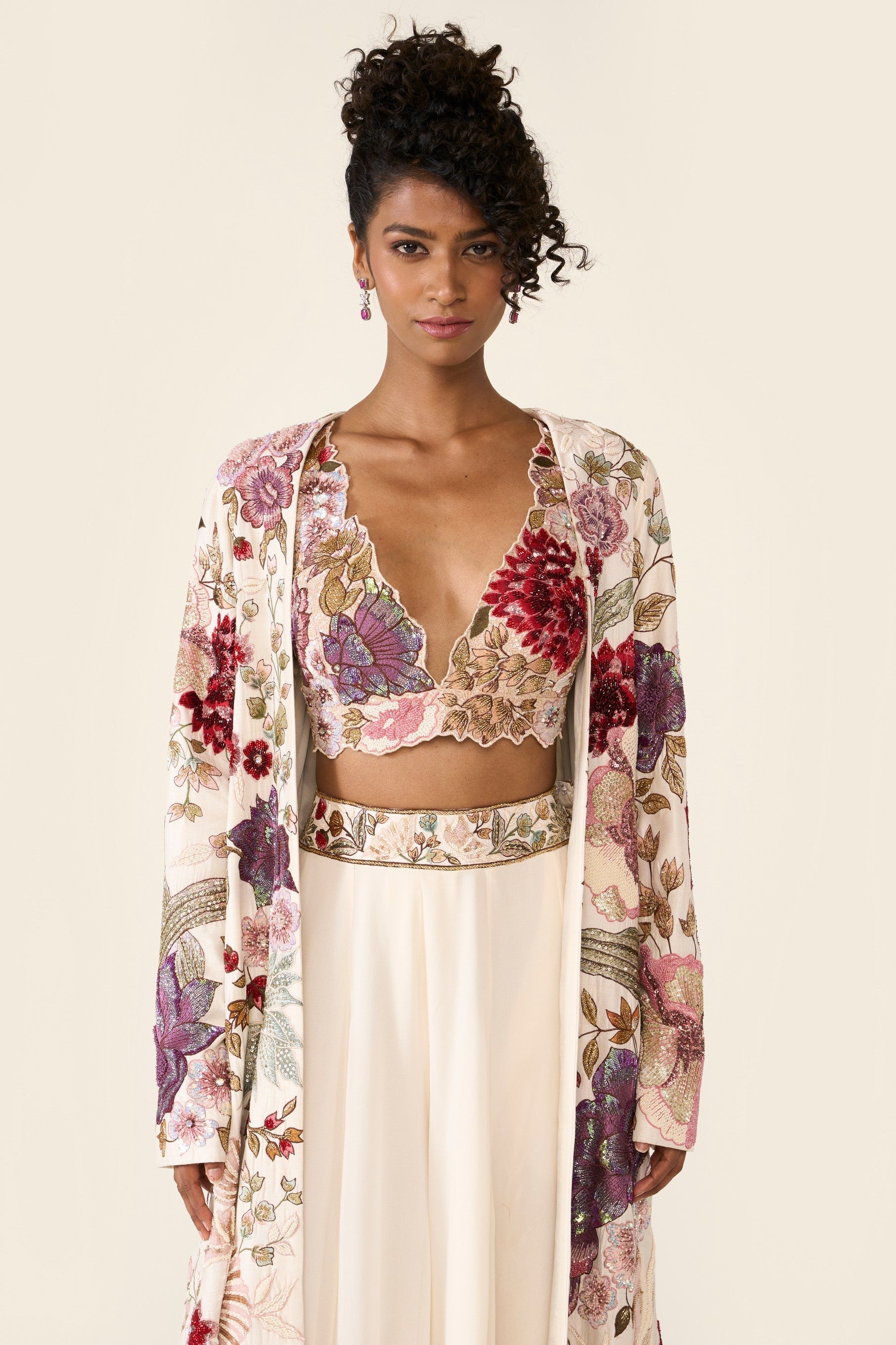 Ivory Embroidered Long Jacket Set