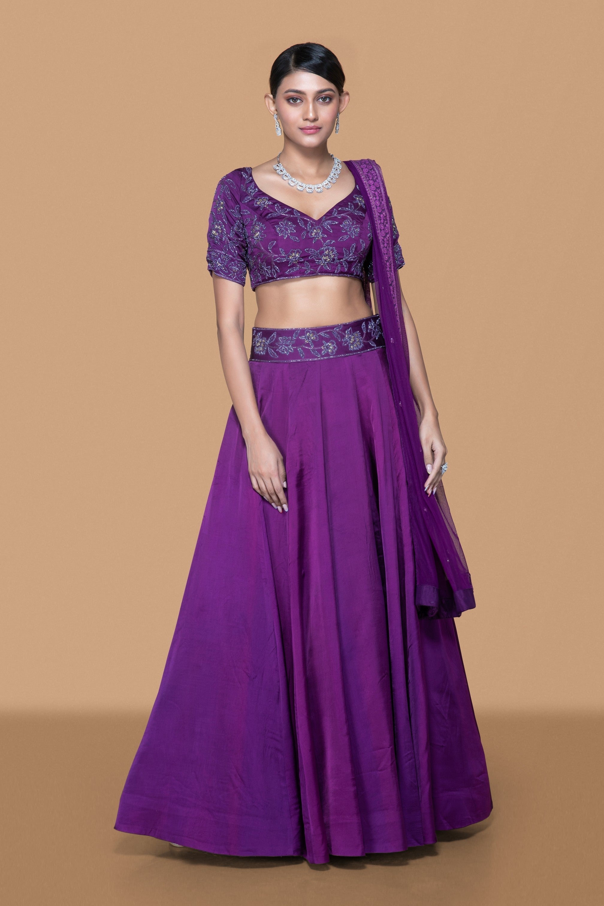 Purple Hand Embroidered Lehenga Set