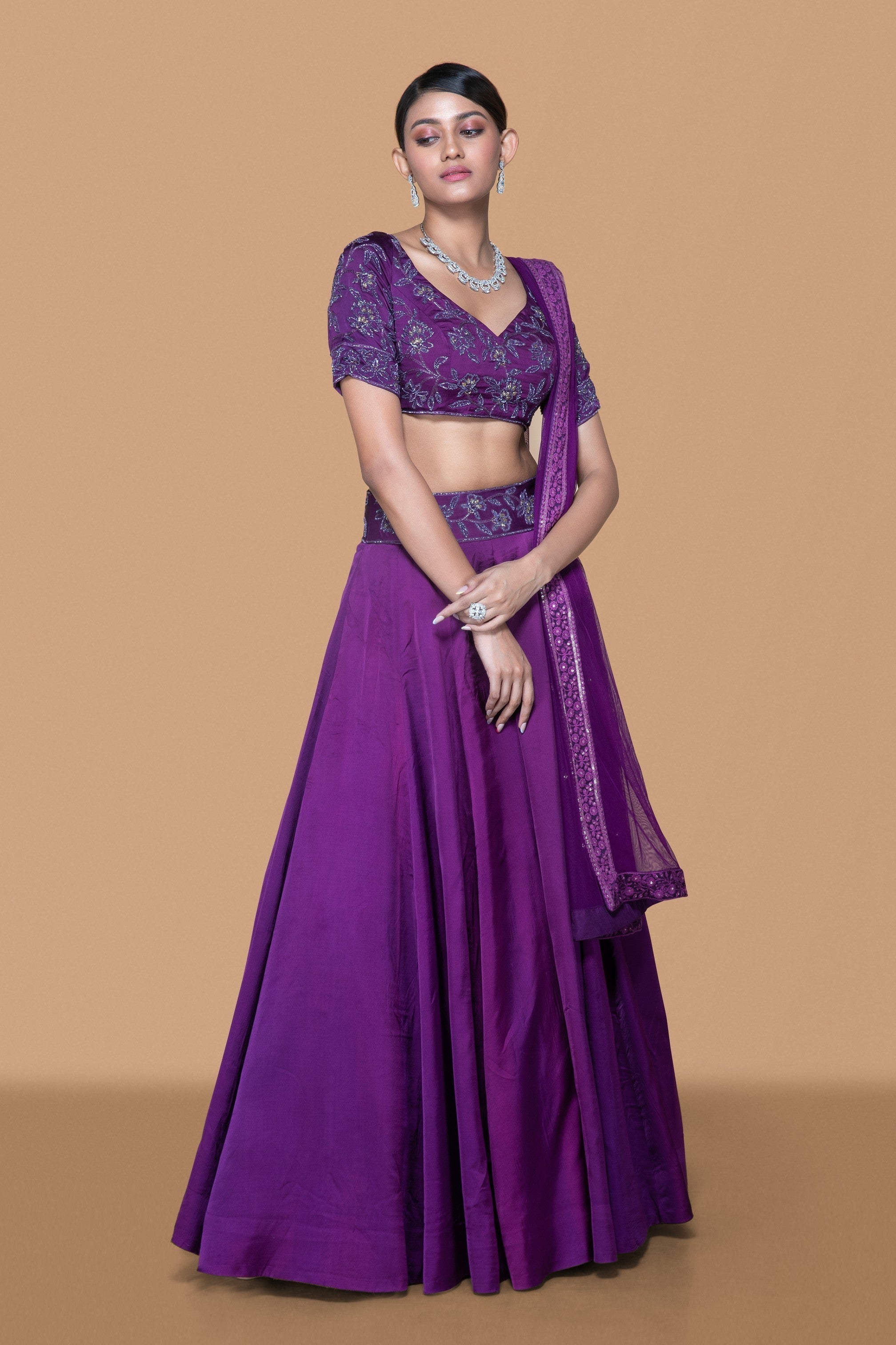 Purple Hand Embroidered Lehenga Set