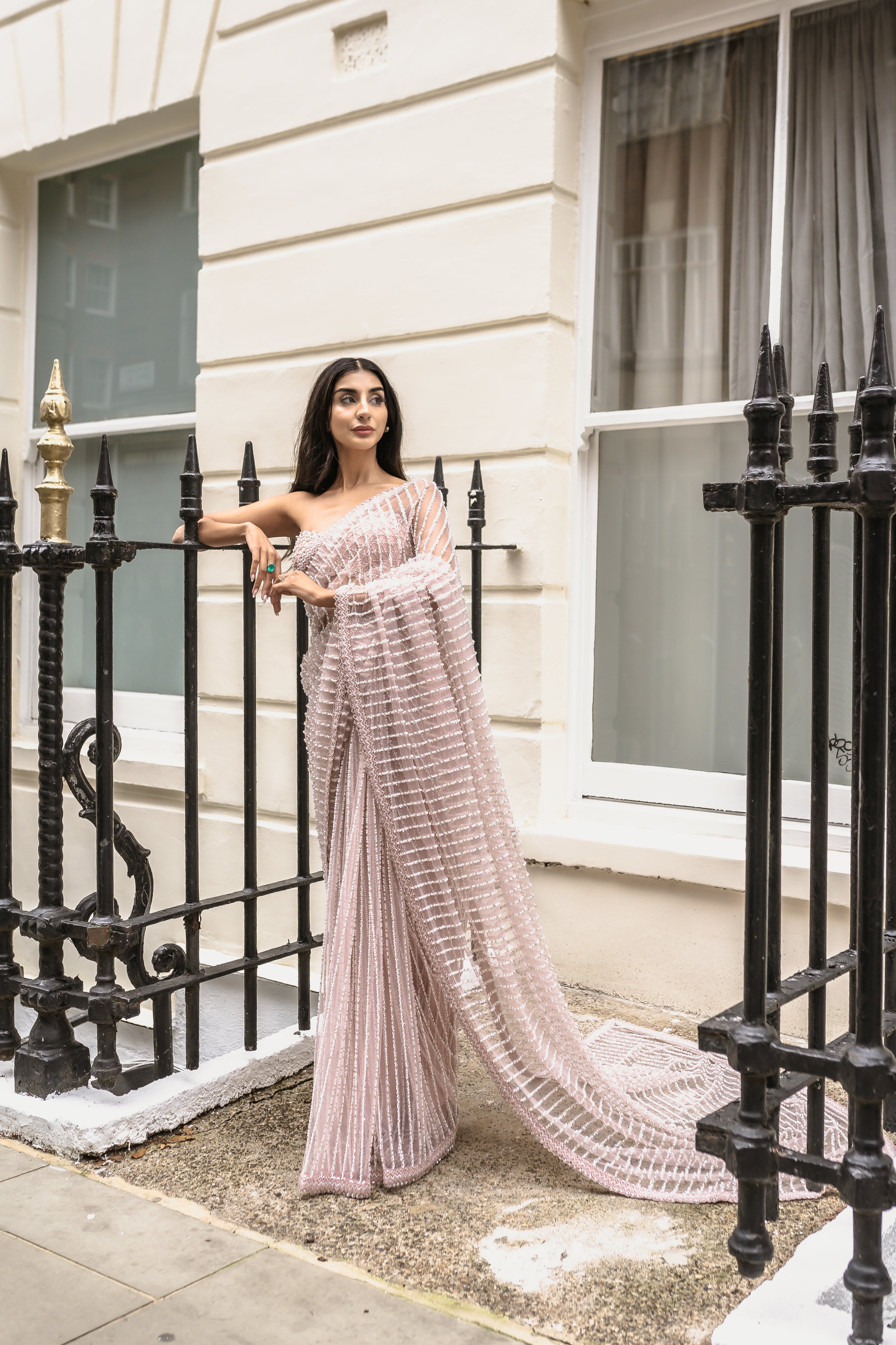 Blush pink pearl detail saree