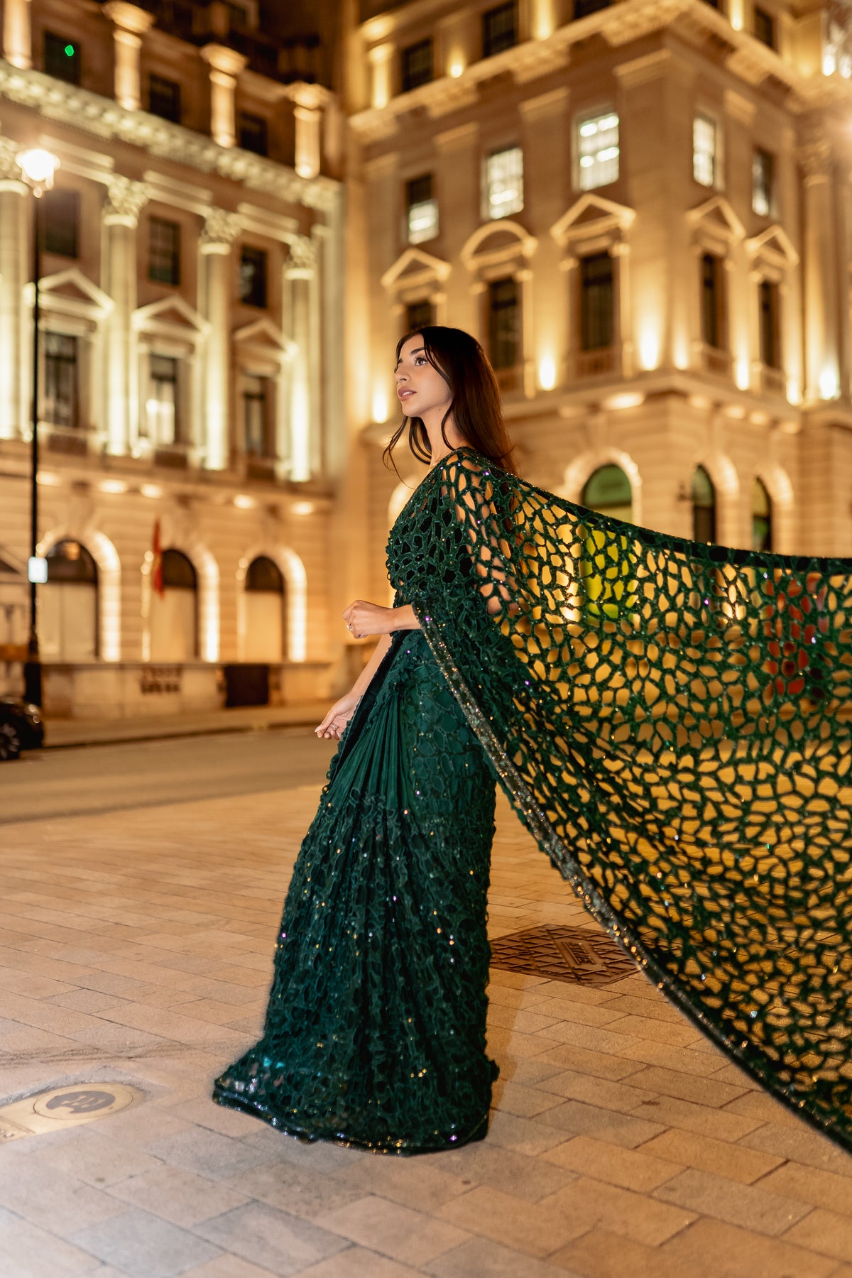 Bottle green cutwork saree