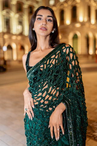 Bottle green cutwork saree