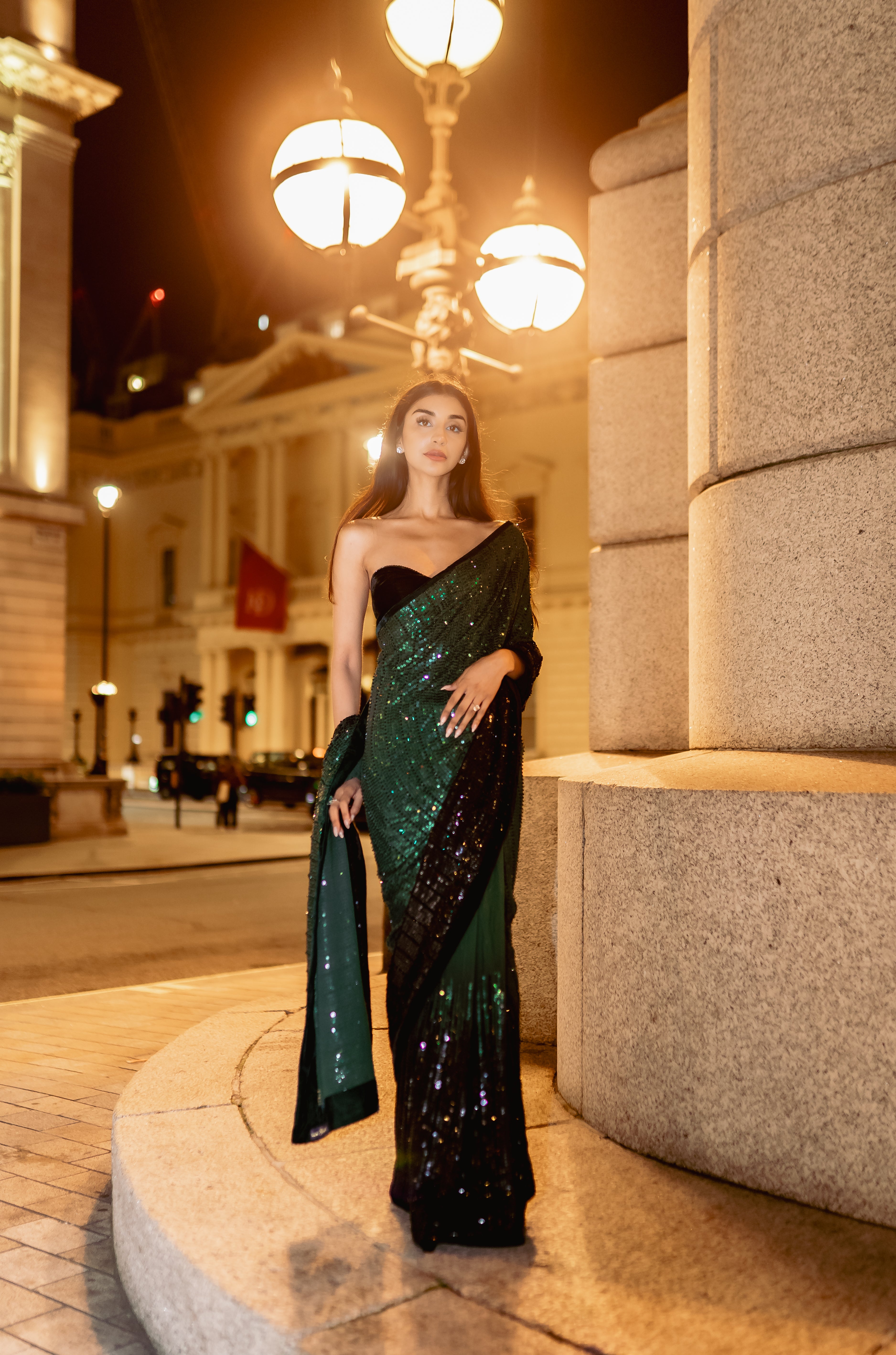 Emerald green to black ombre saree