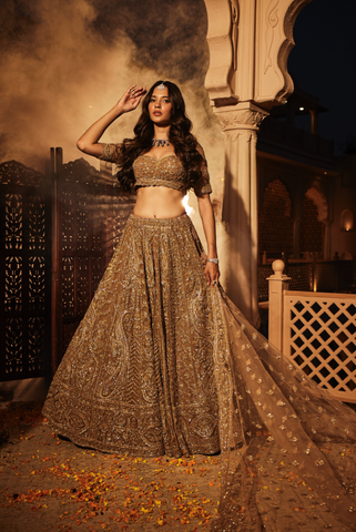 Gold organza embroidered lehenga