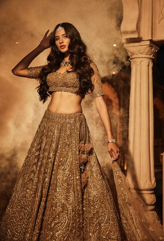 Gold organza embroidered lehenga