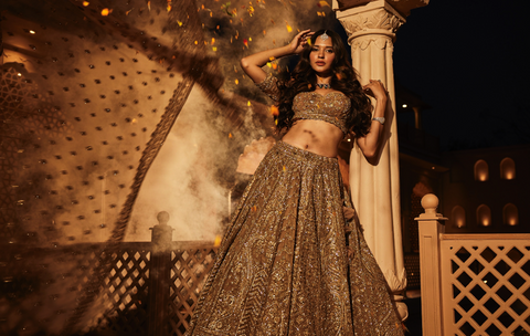 Gold organza embroidered lehenga