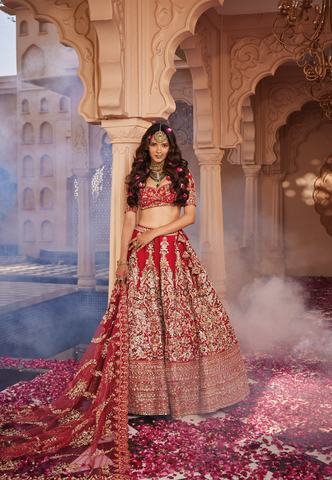 Red heavily embroidered lehenga