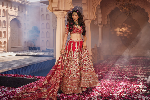 Red heavily embroidered lehenga