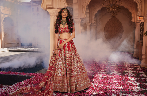 Red heavily embroidered lehenga