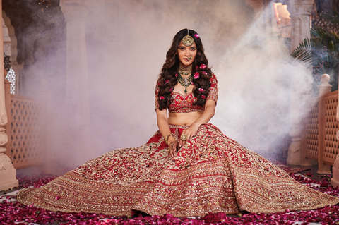 Red heavily embroidered lehenga