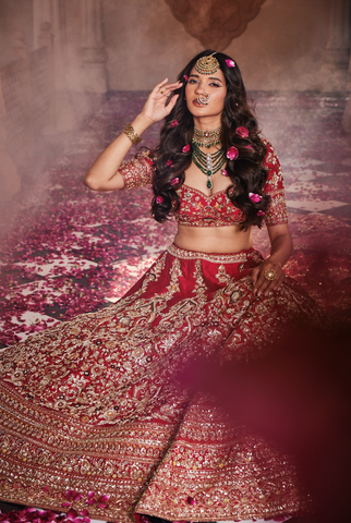 Red heavily embroidered lehenga