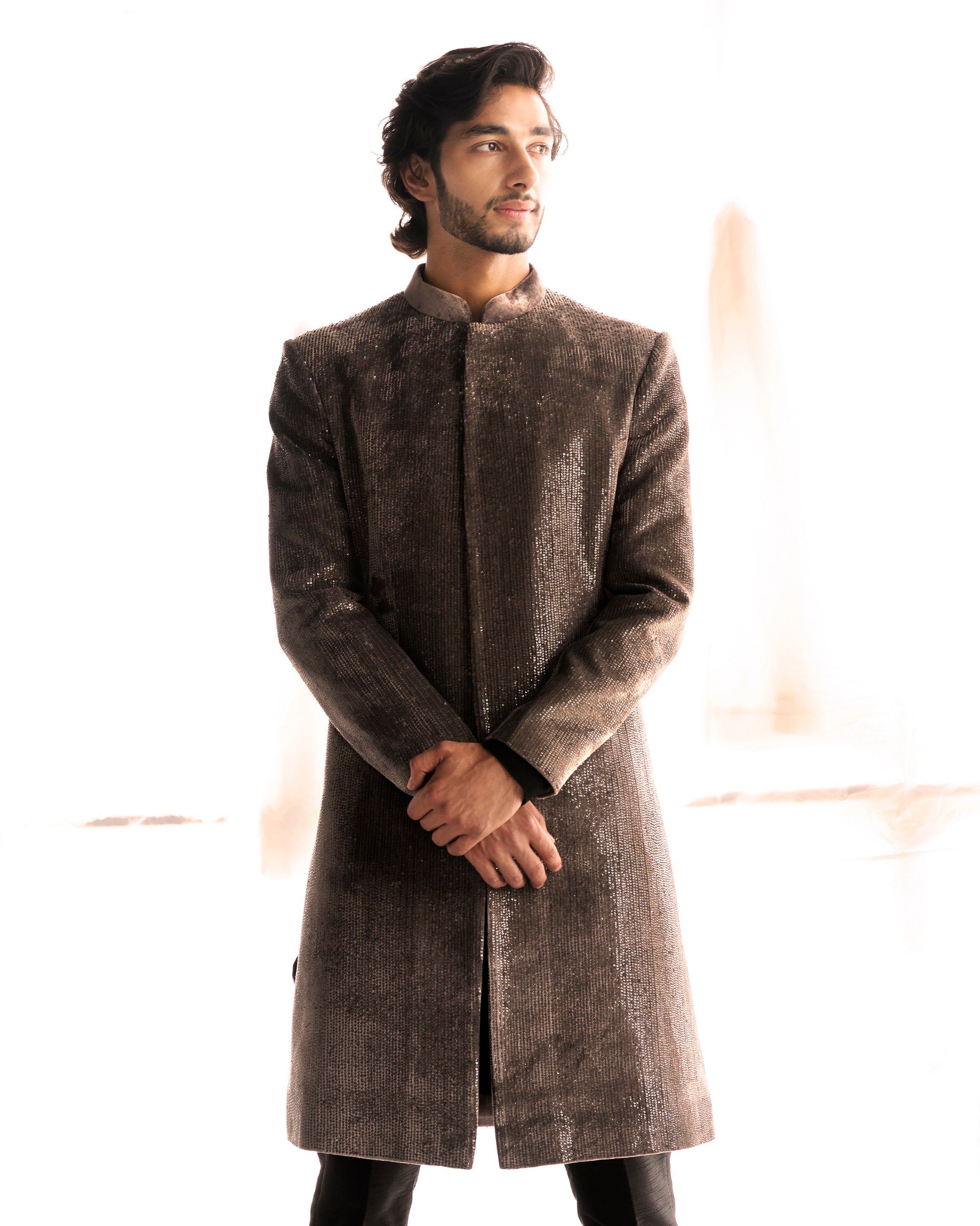 Taupe sequins sherwani