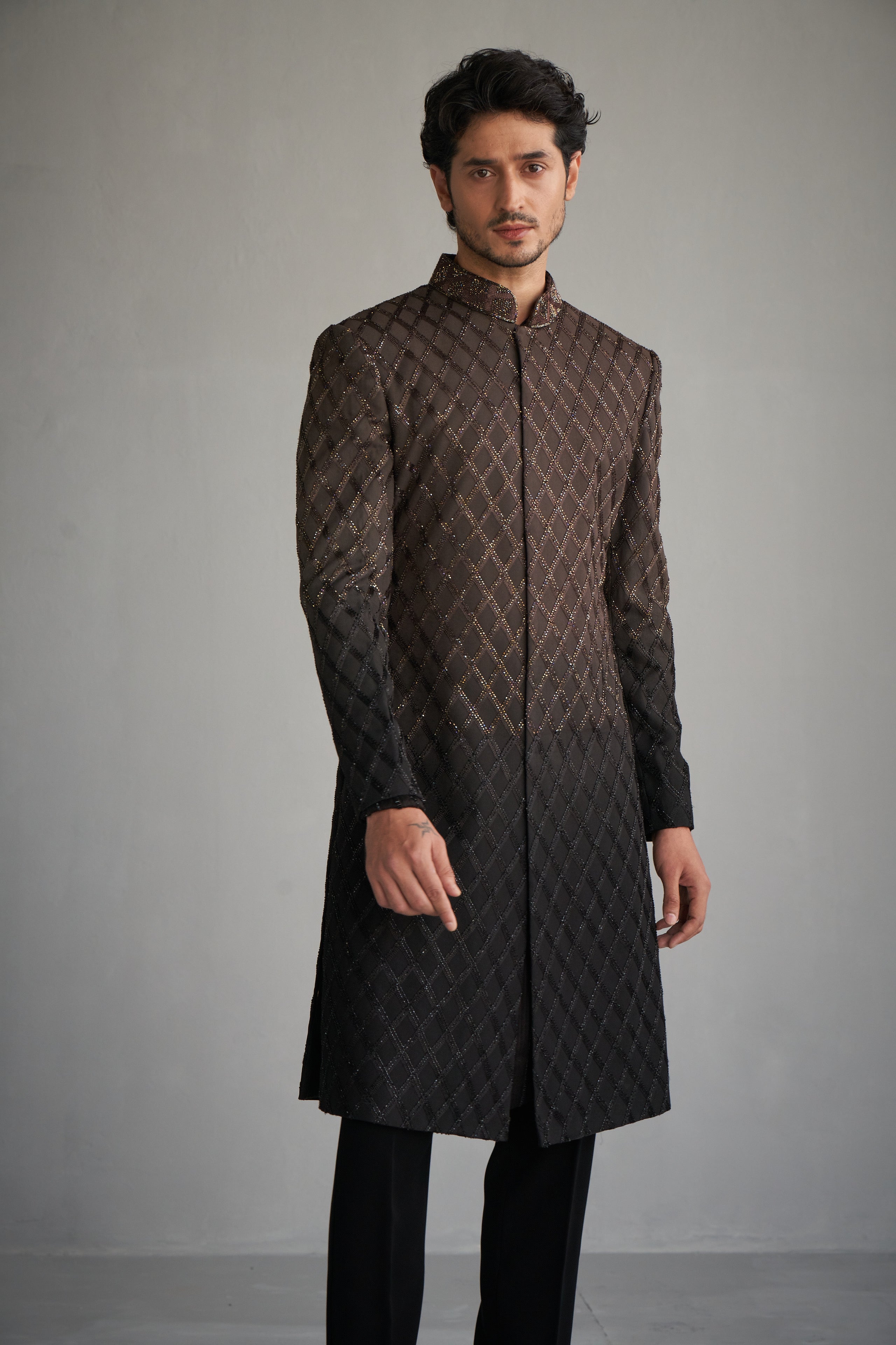 Taupe black ombre cutdana work sherwani