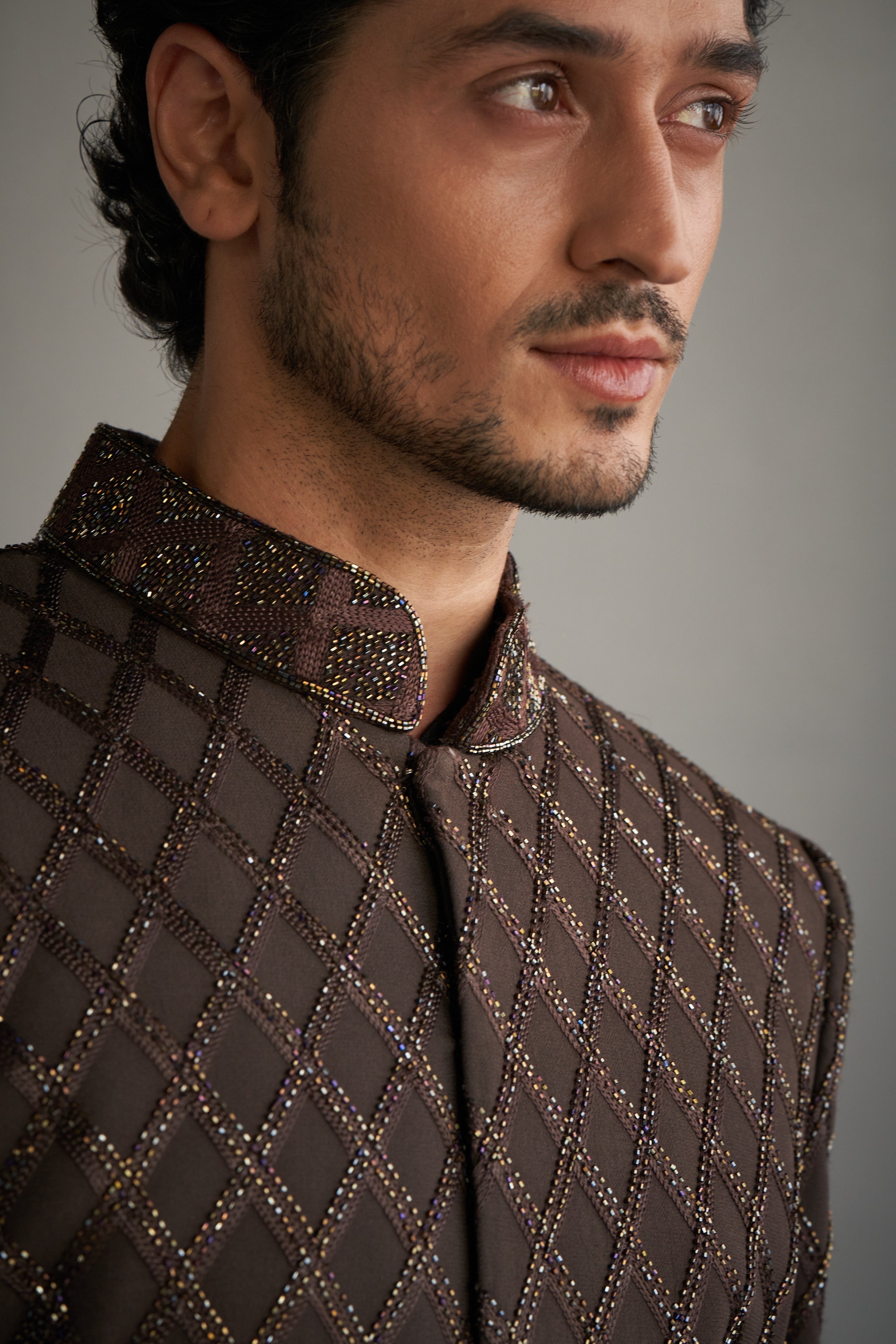 Taupe black ombre cutdana work sherwani