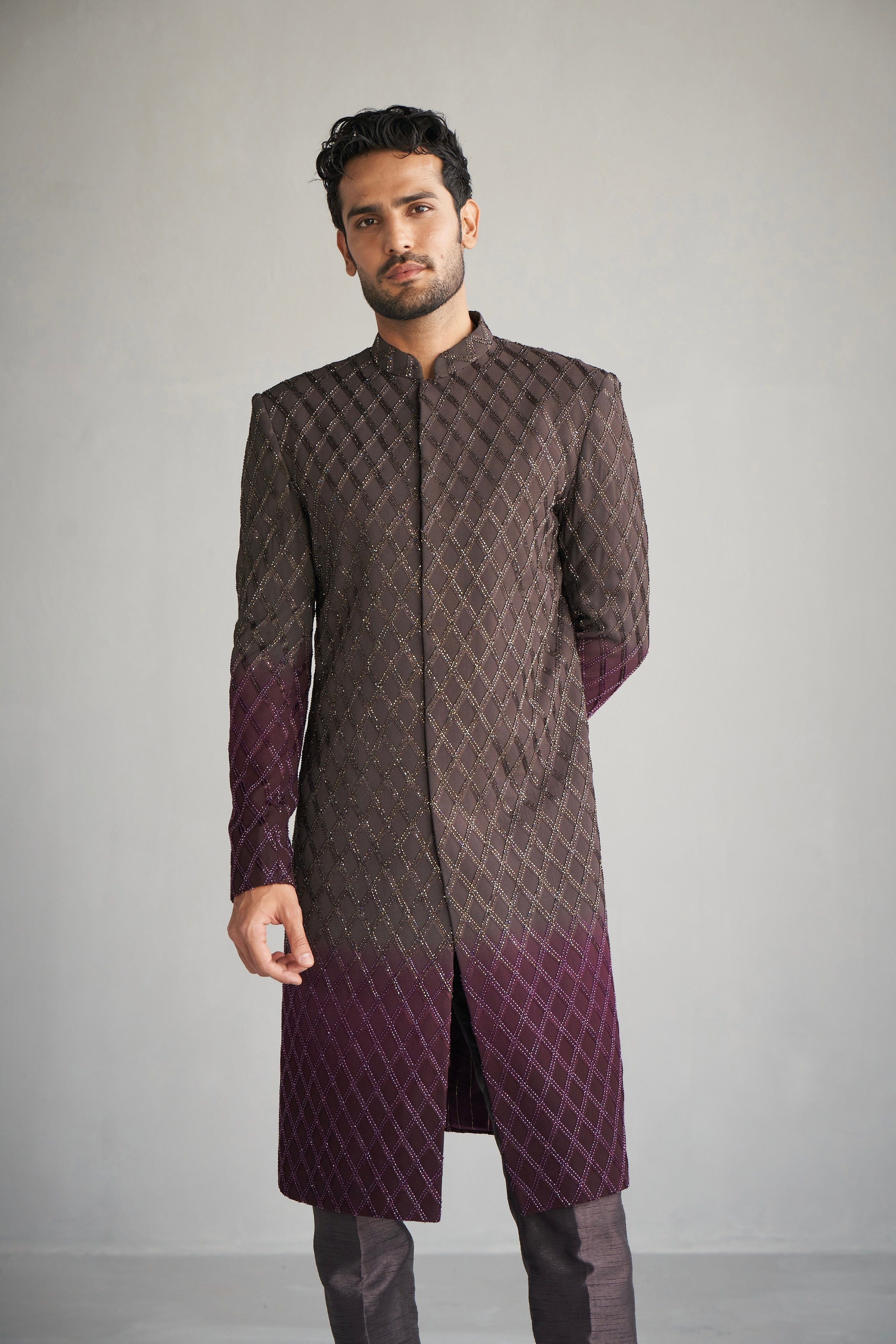 Wine taupe ombre cutdana work sherwani