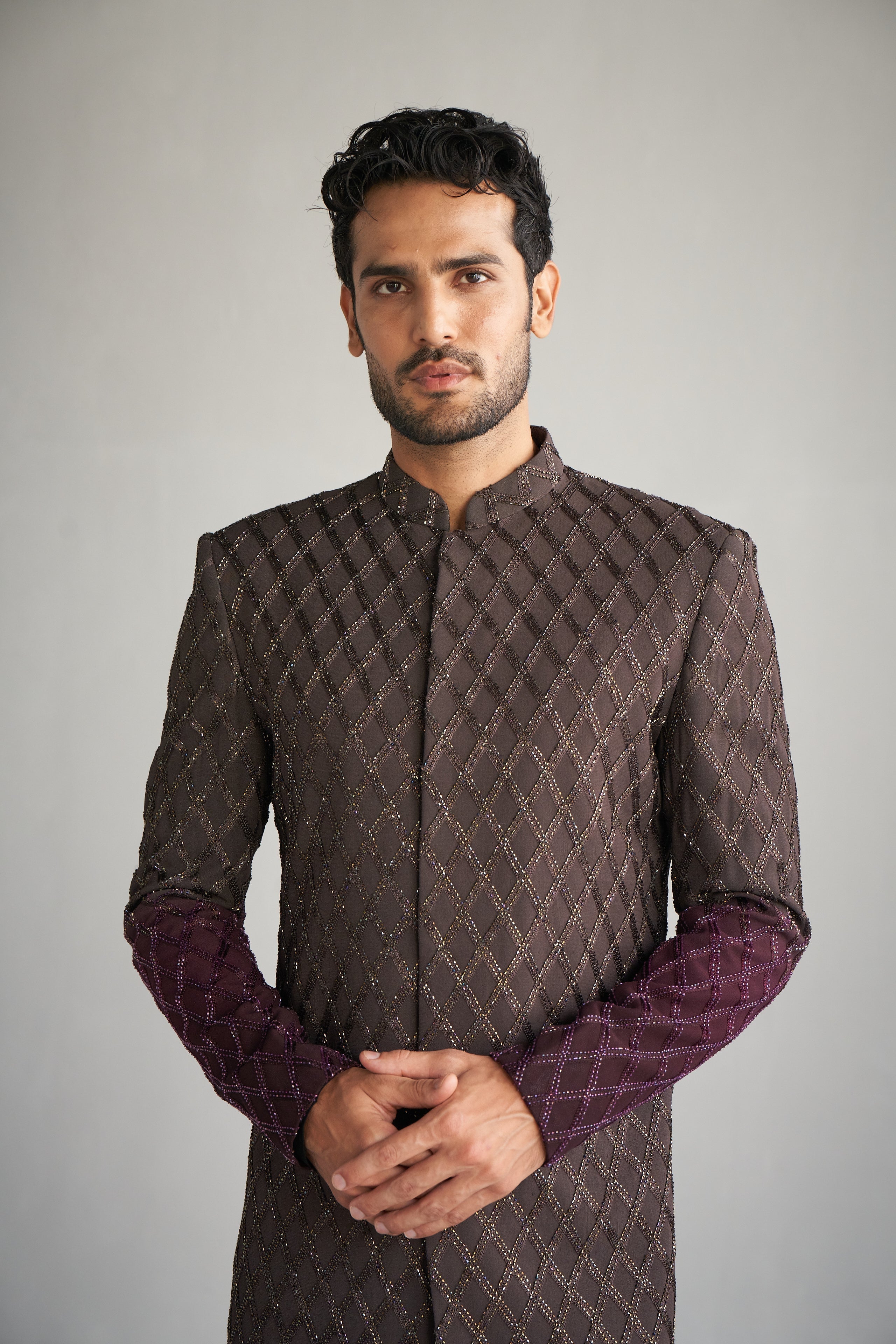 Wine taupe ombre cutdana work sherwani