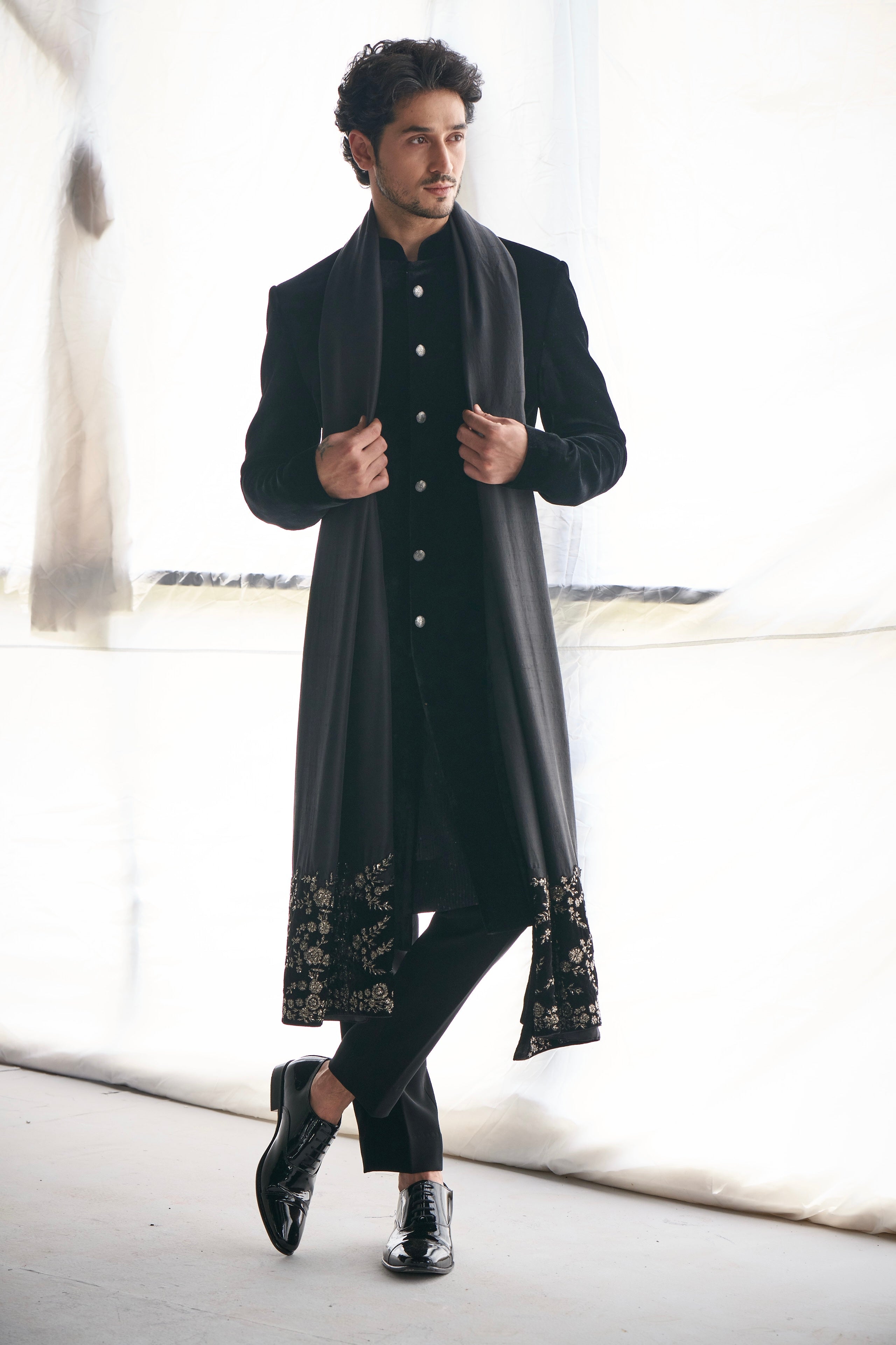 Black velvet sherwani