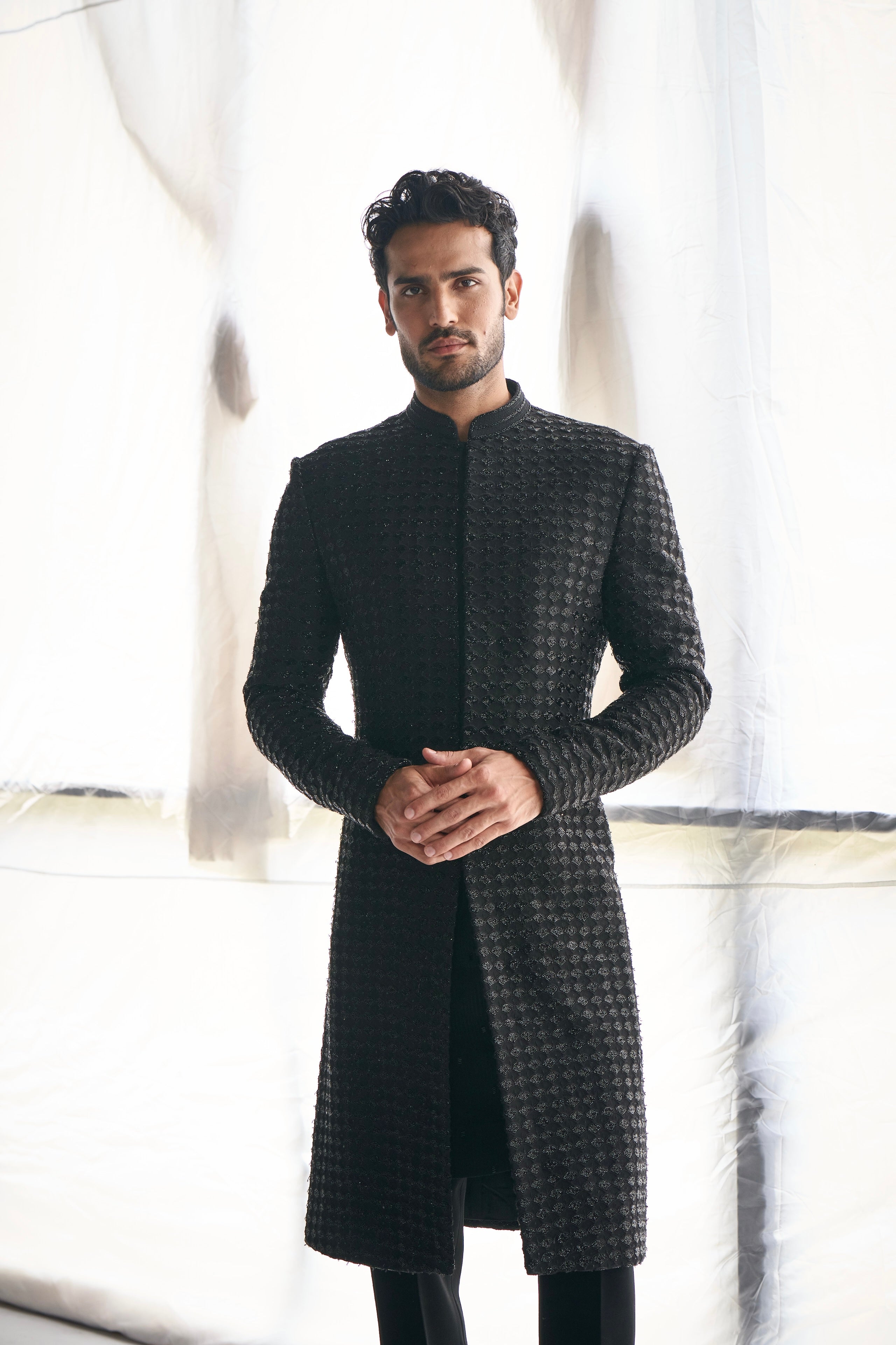 Black fish scale cutdana sherwani