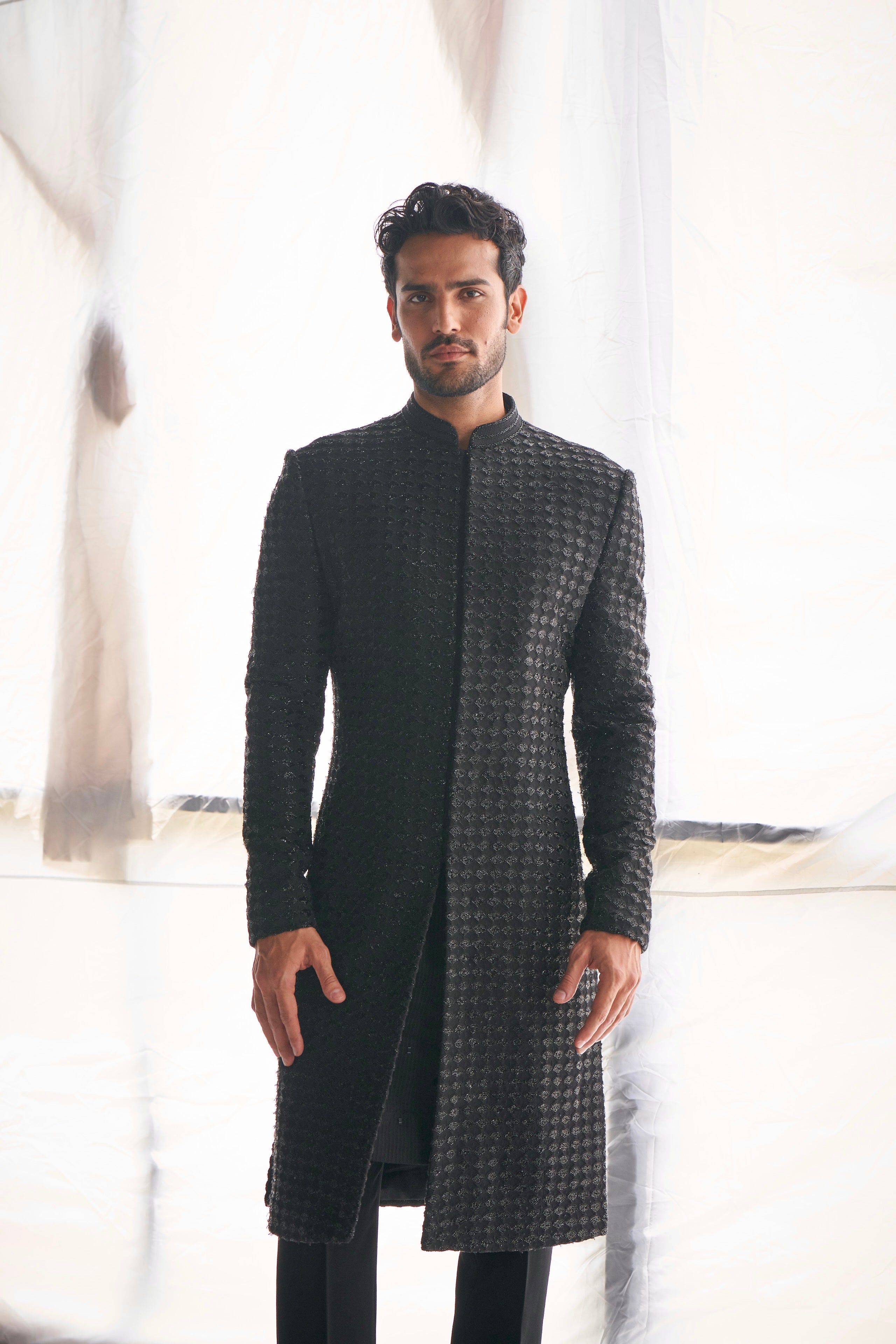 Black fish scale cutdana sherwani