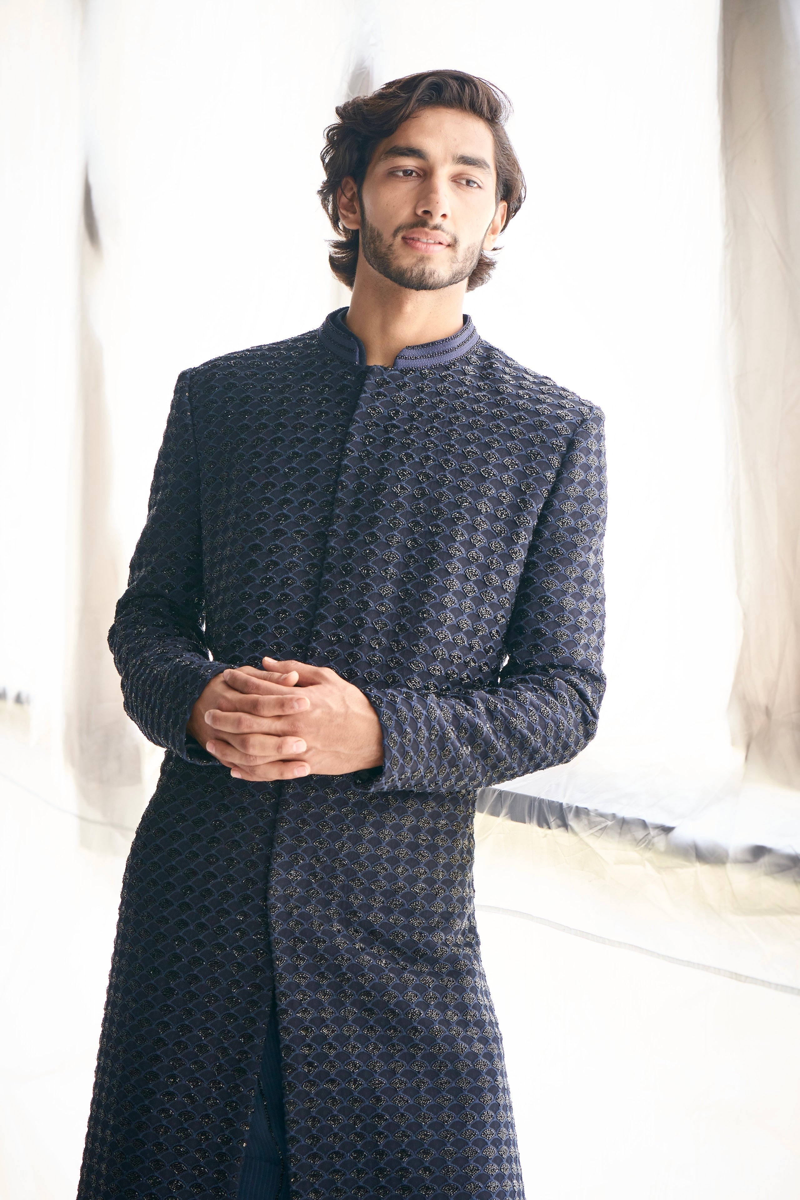 Blue fish scale cutdana sherwani