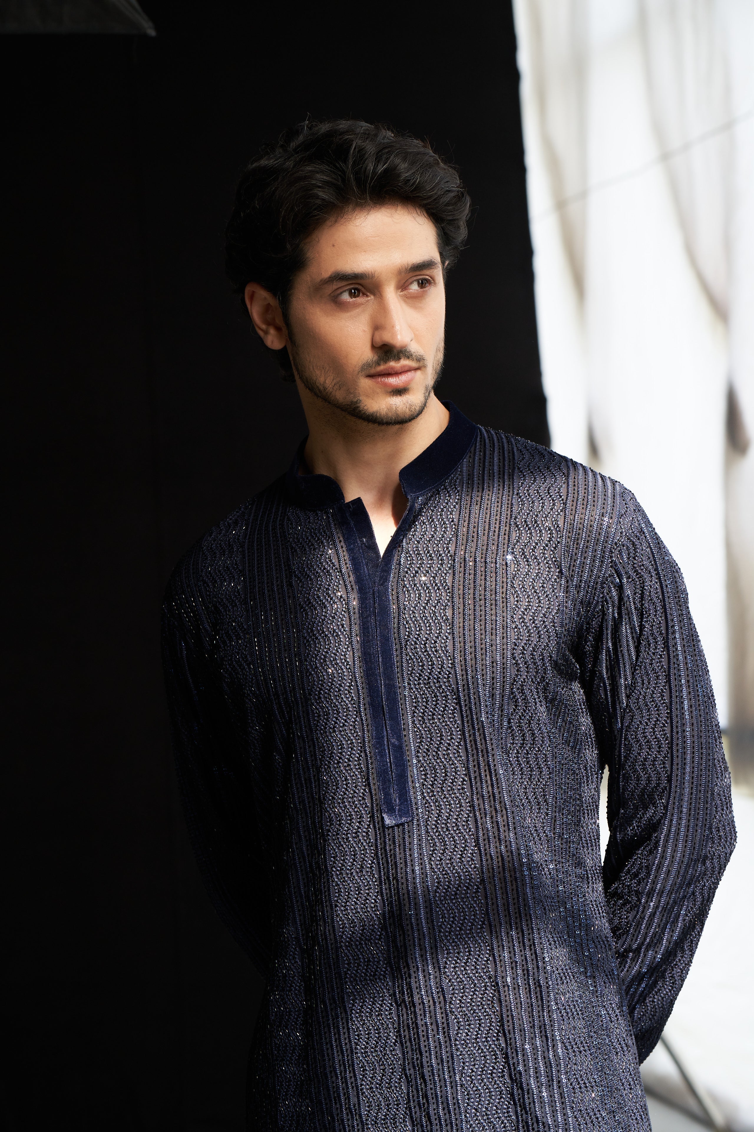 Blue cutdana thread work kurta