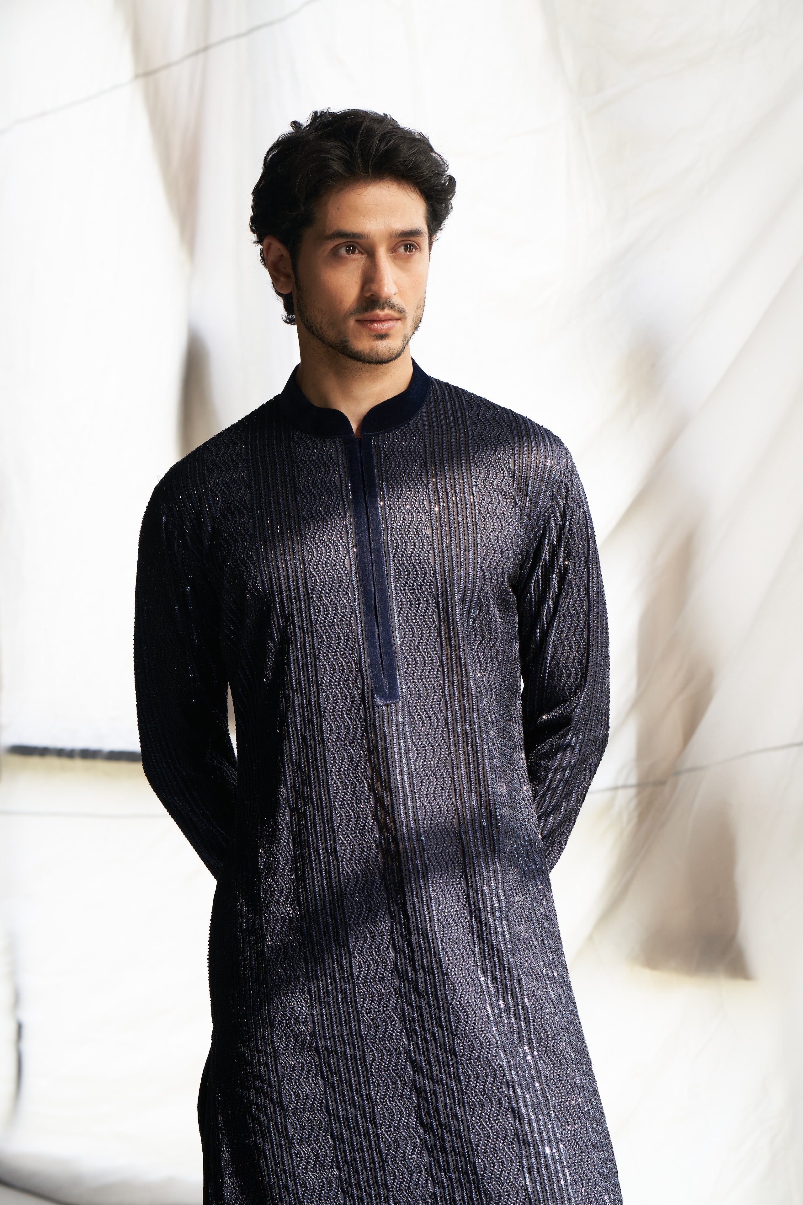 Blue cutdana thread work kurta