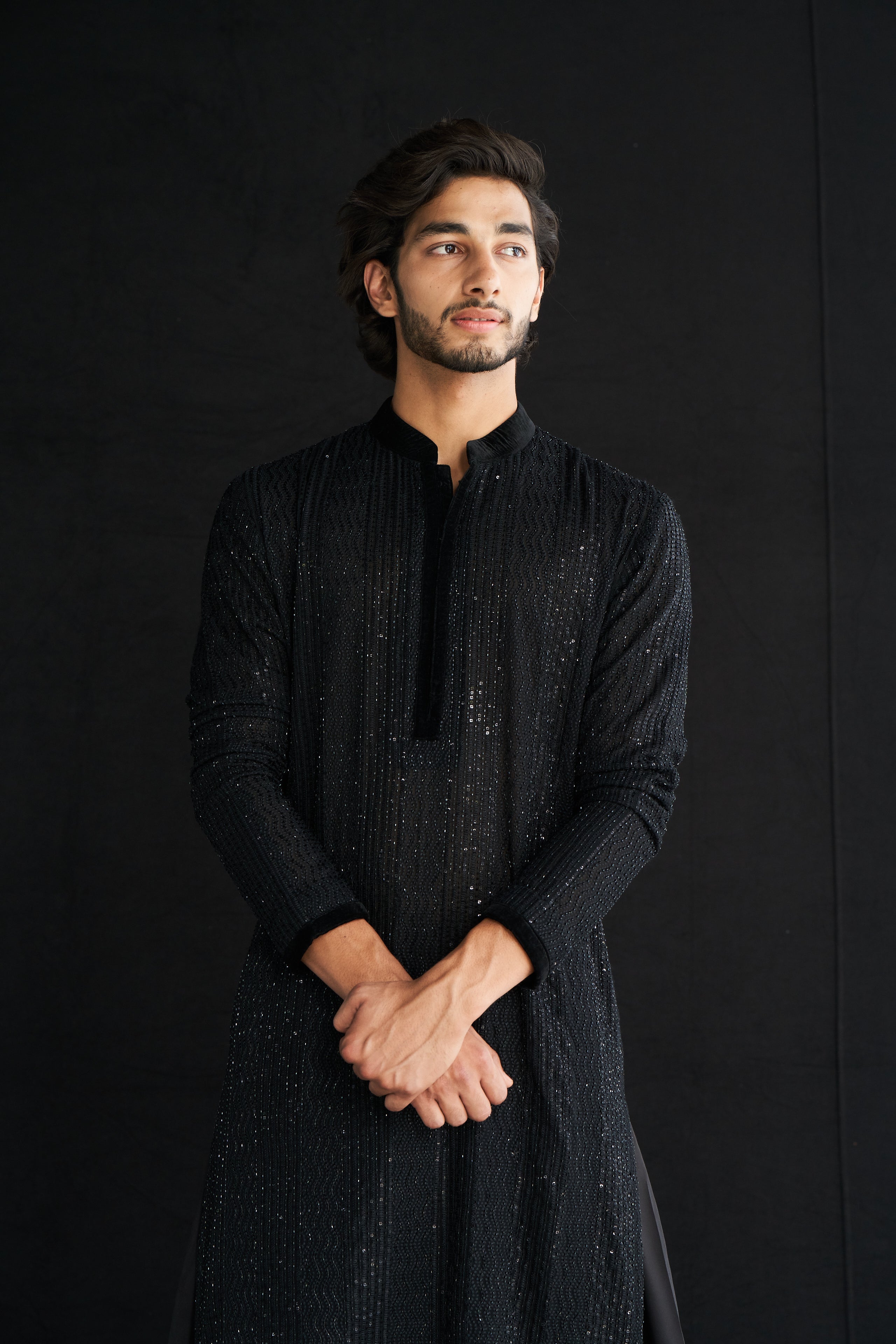 Black cutdana thread work kurta