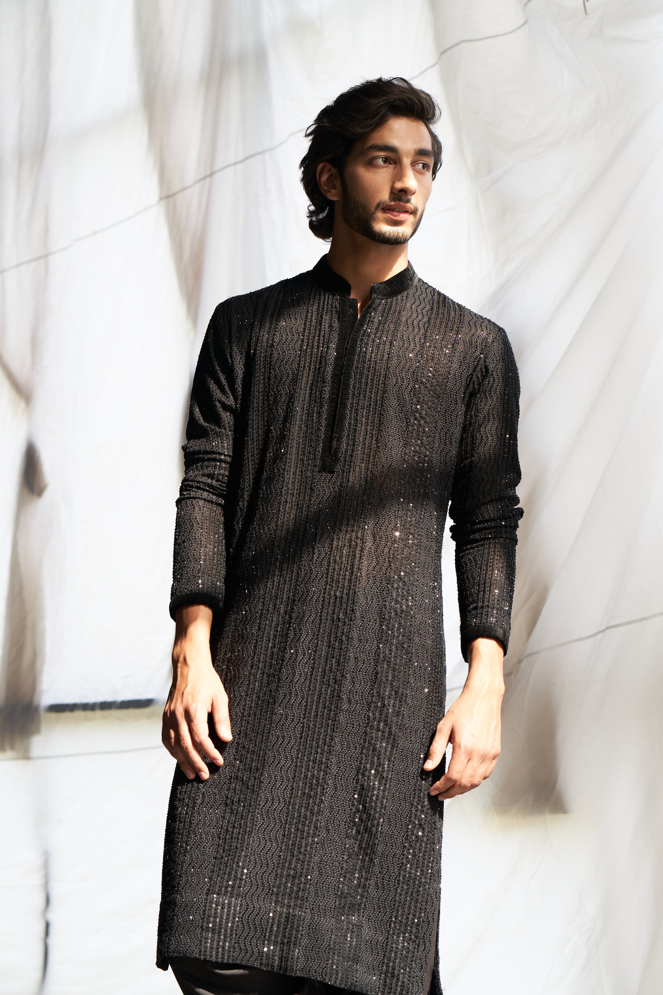 Black cutdana thread work kurta