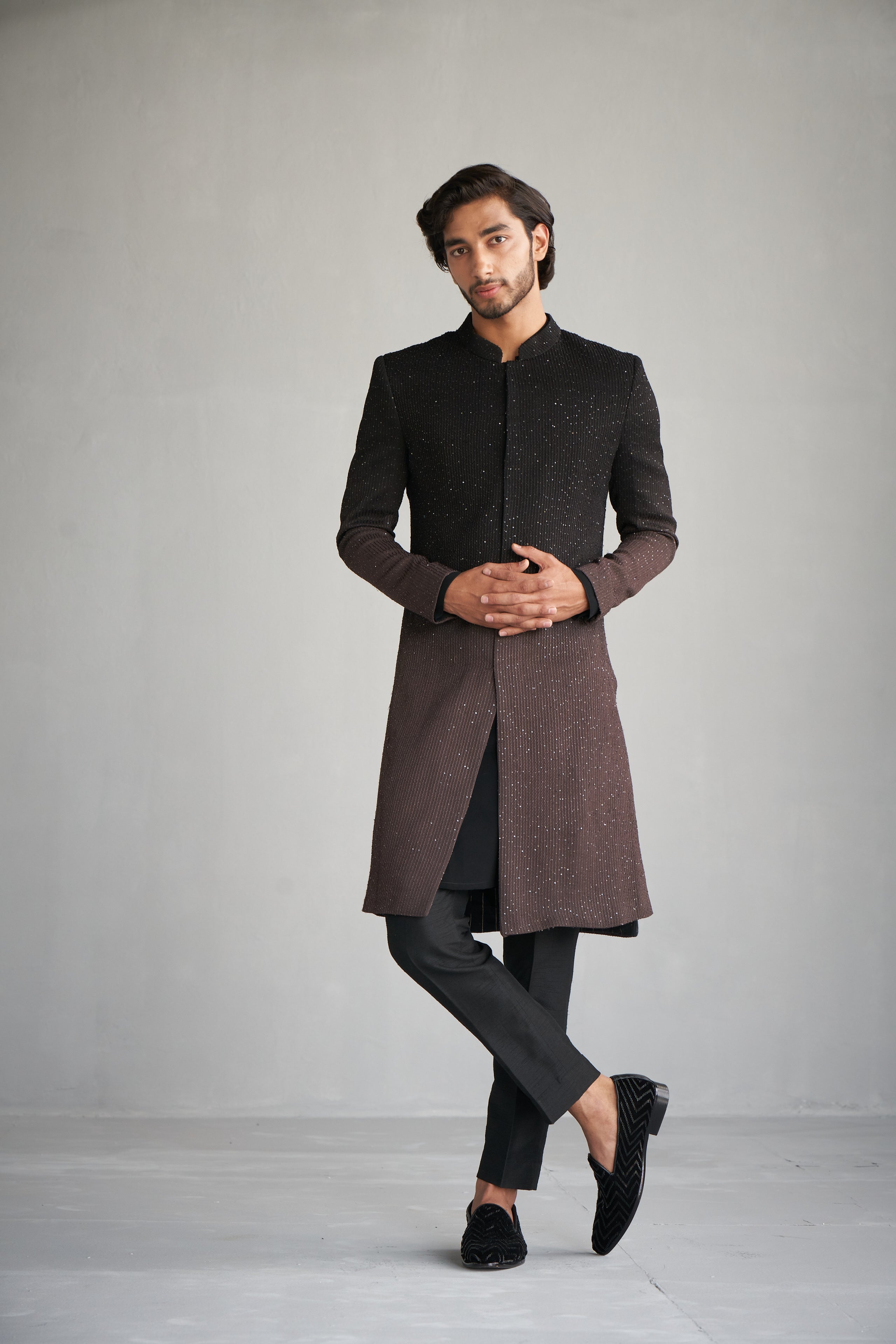 Black to taupe ombre sequins sherwani