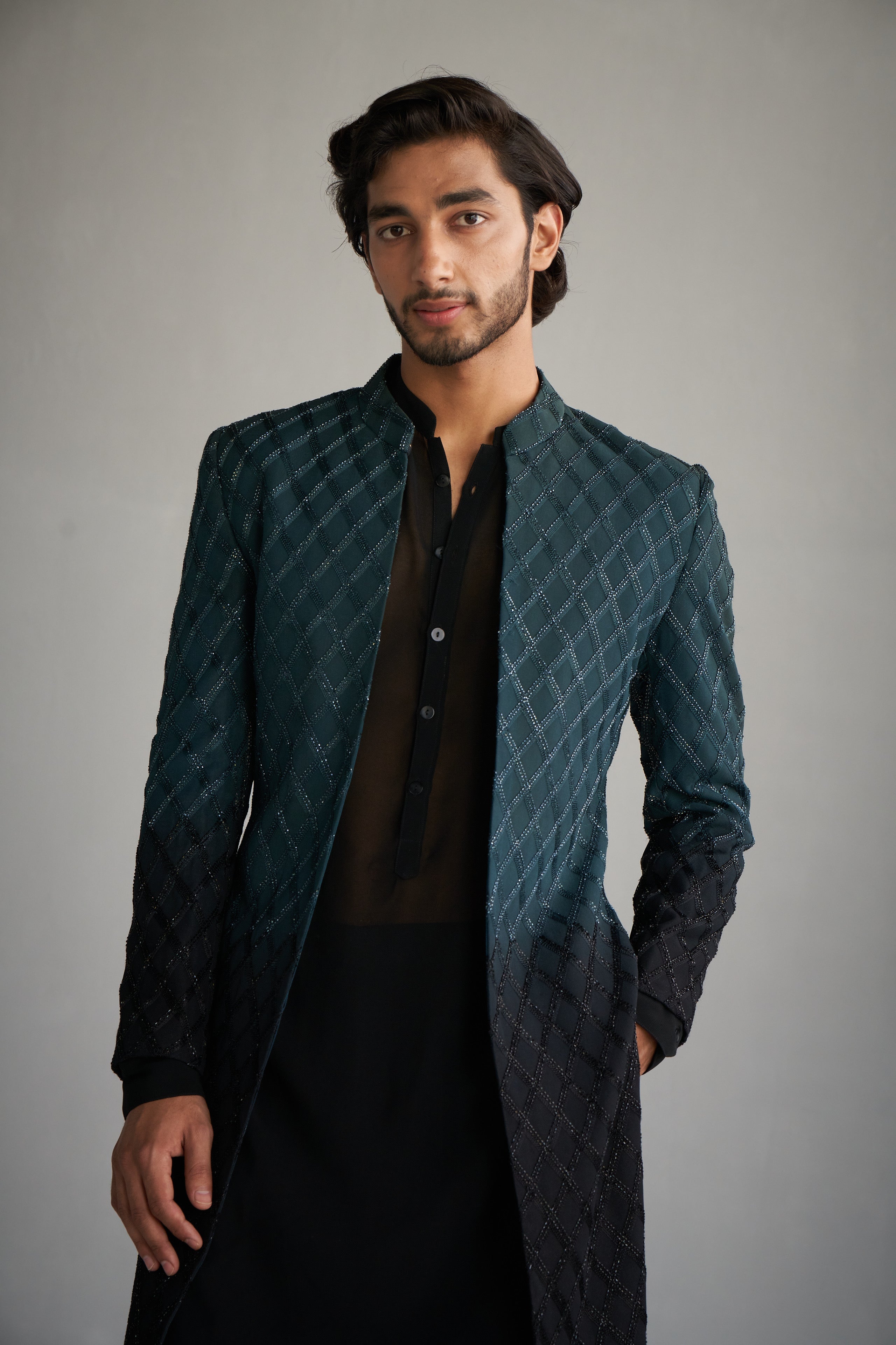 Teal black ombre cutdana sherwani