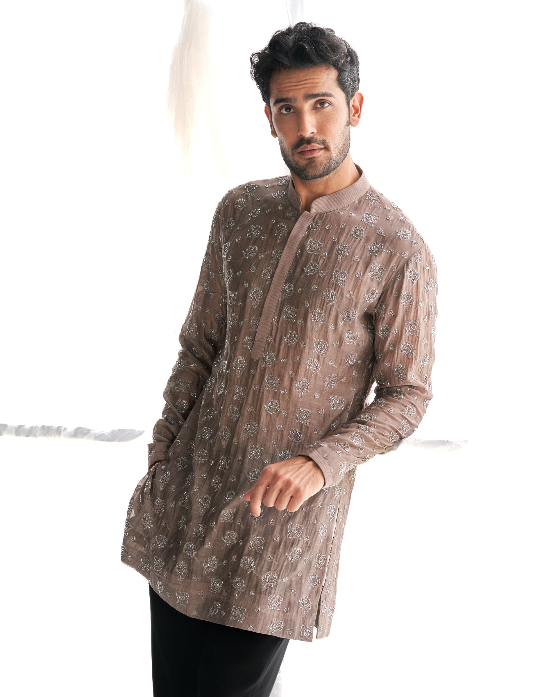 Grey rose cutdana kurta