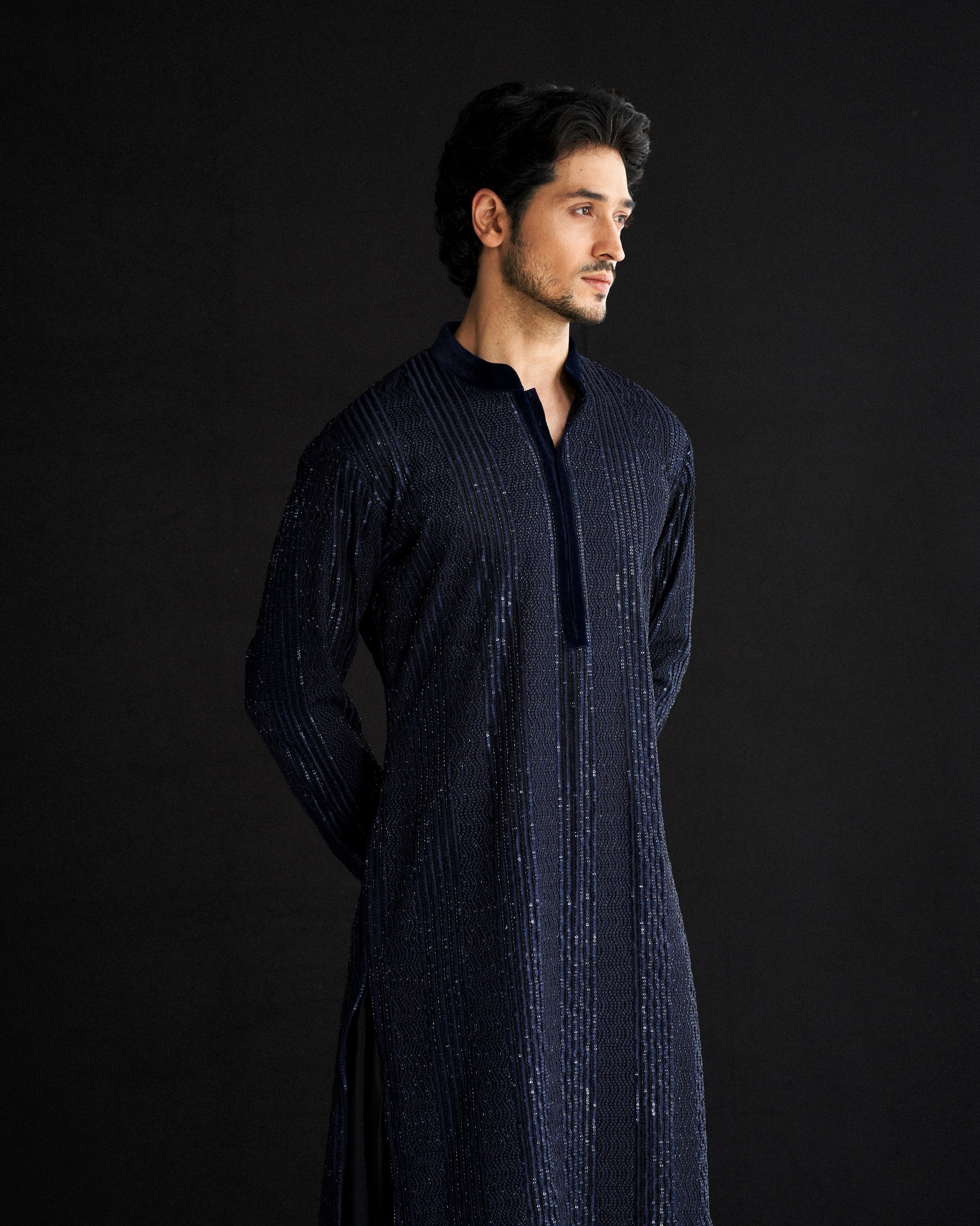 Blue cutdana thread work kurta