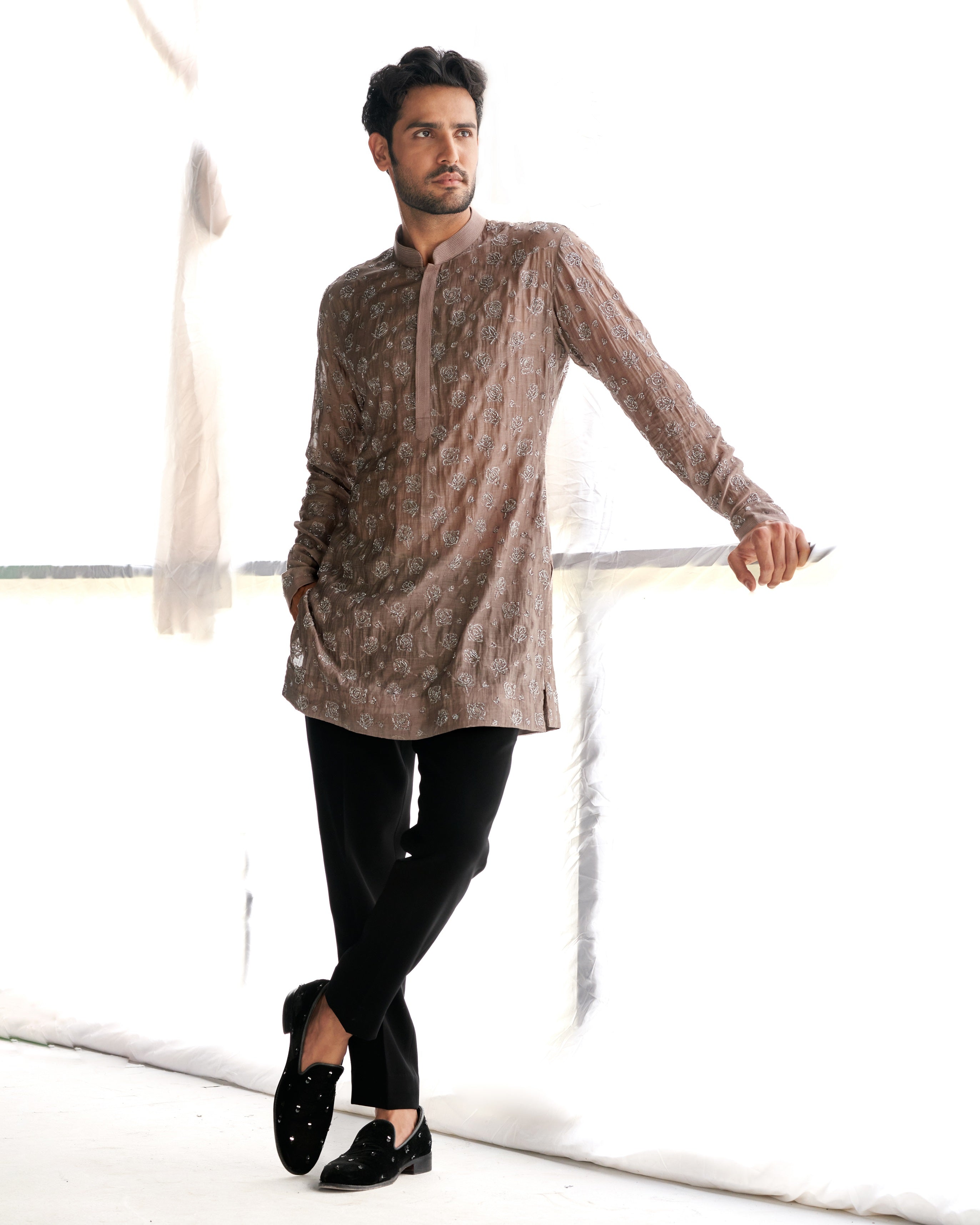 Grey rose cutdana kurta