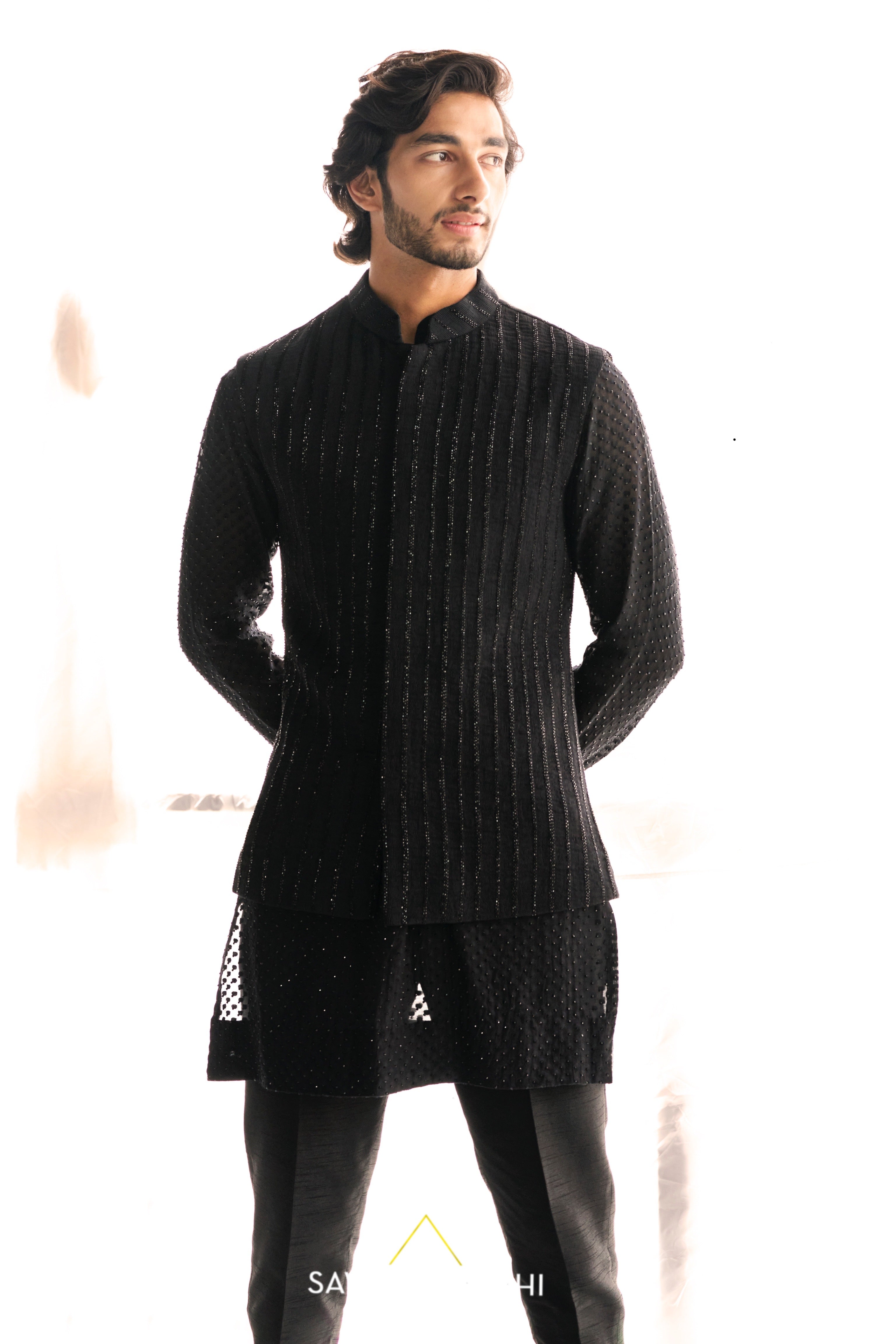 Black cutdana nehru paired with black swarovski kurta