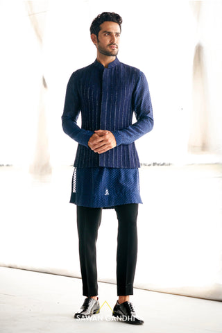 Blue cutdana nehru paired with blue swarovski kurta