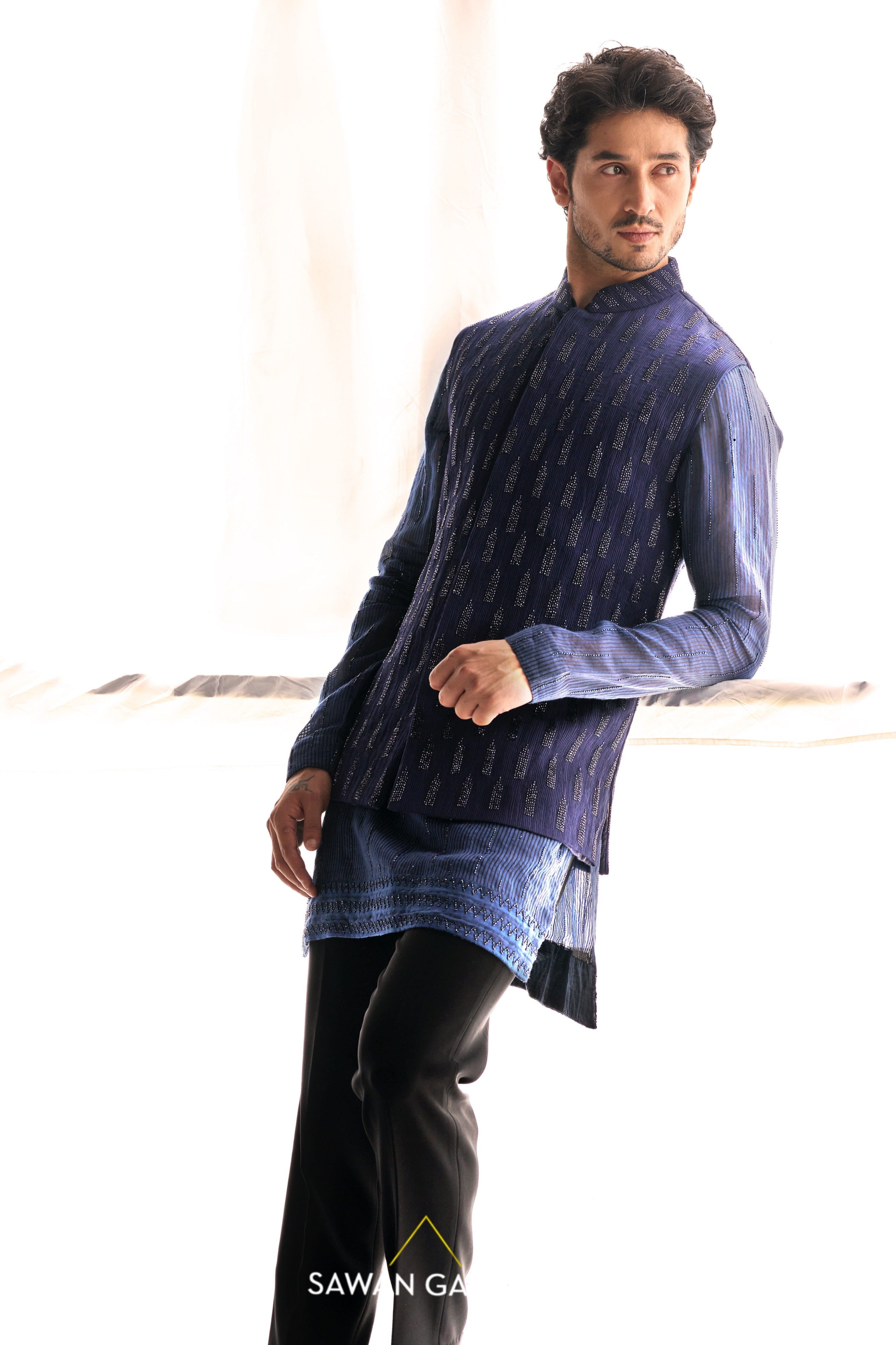 Blue ruched cutdana work nehru kurta set