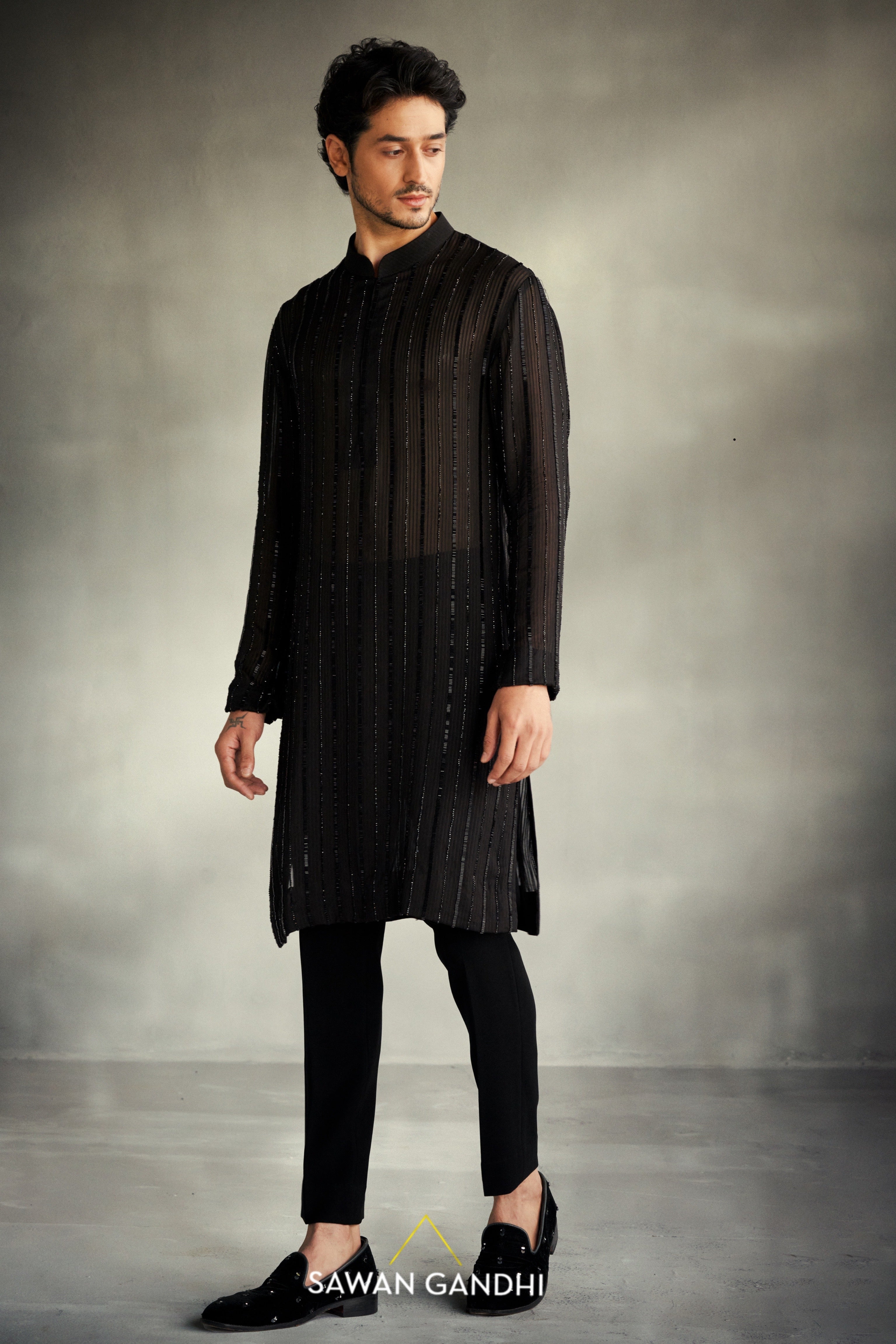 Black gicha cutdana kurta