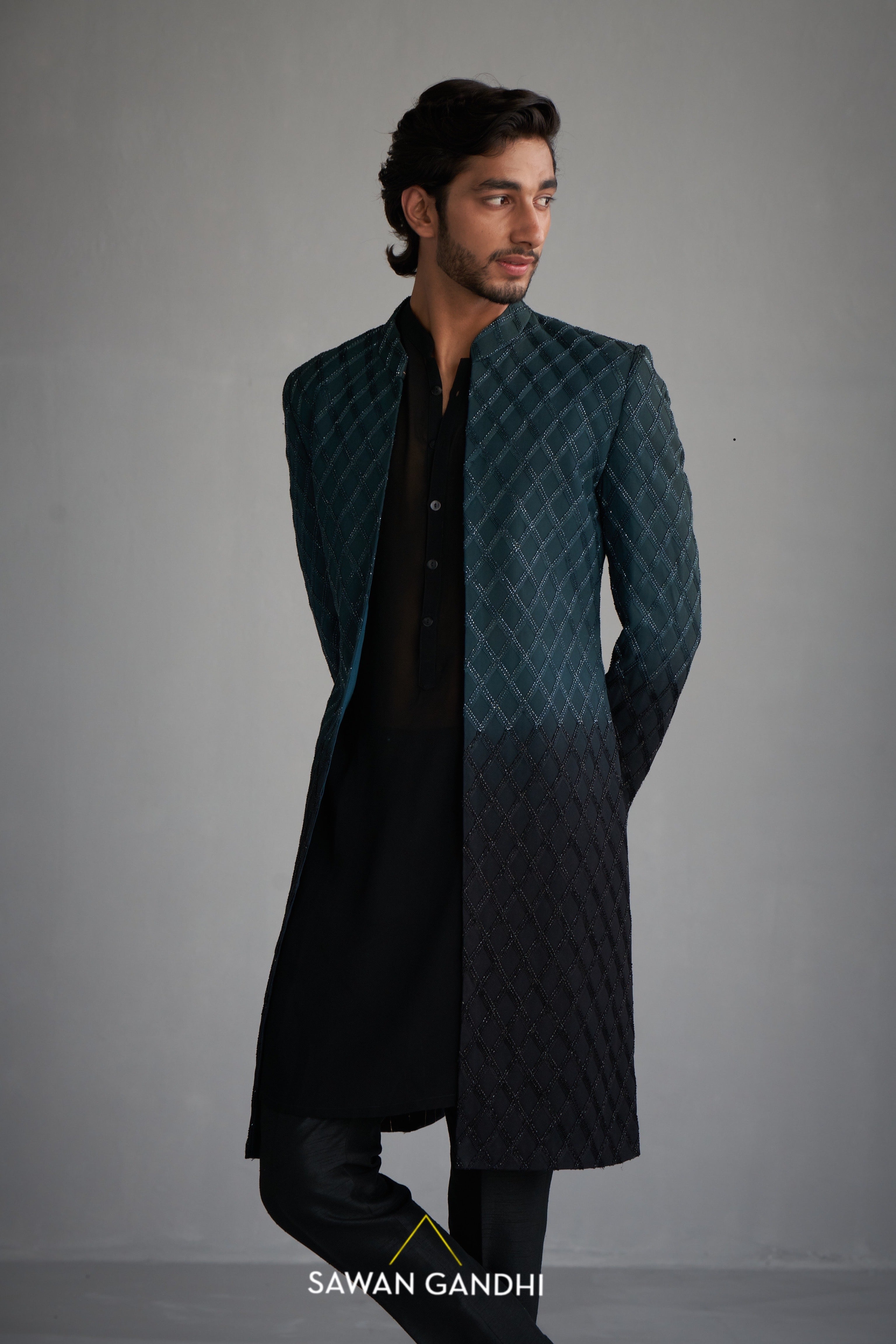 Teal black ombre cutdana sherwani