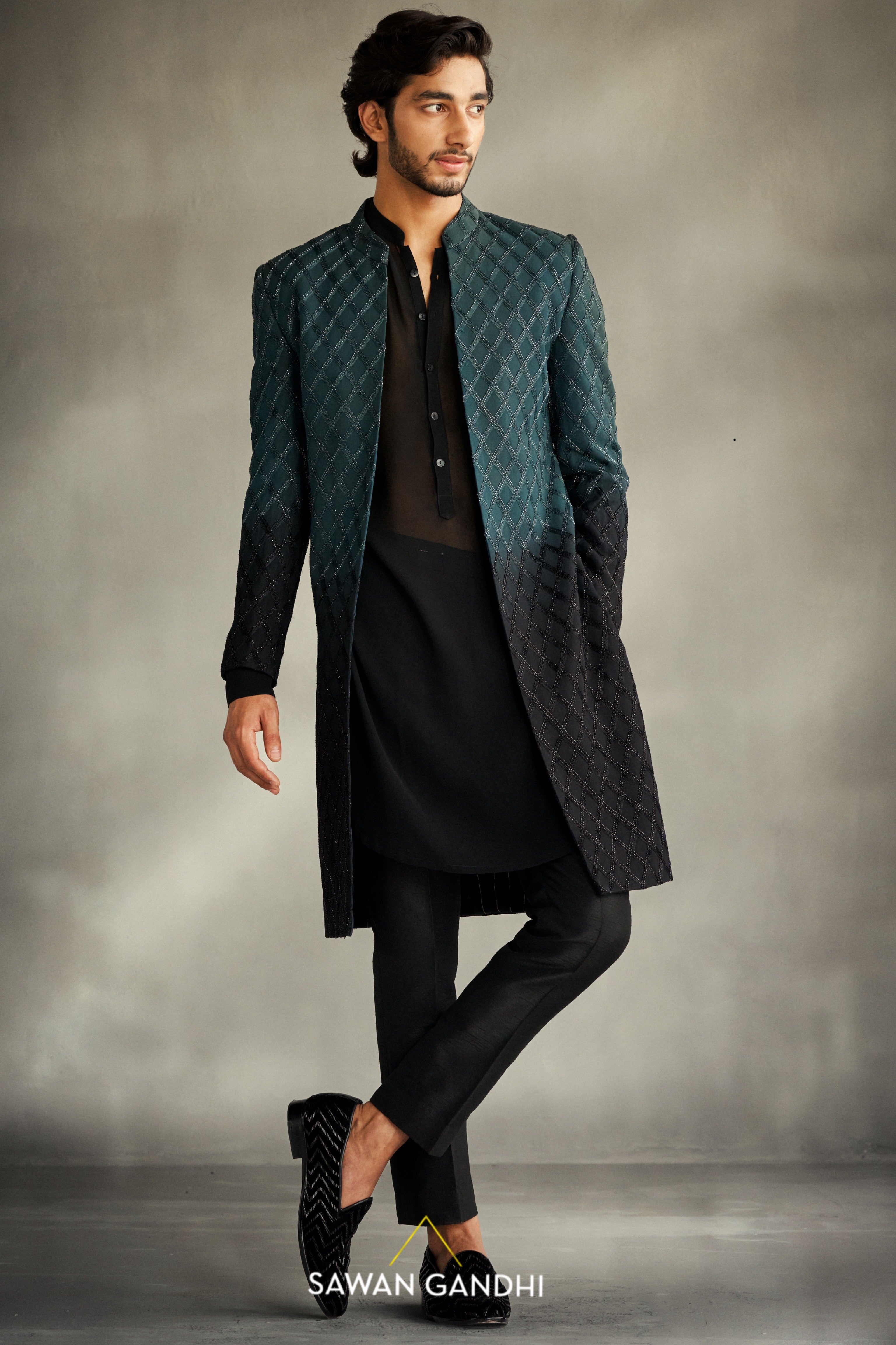 Teal black ombre cutdana sherwani