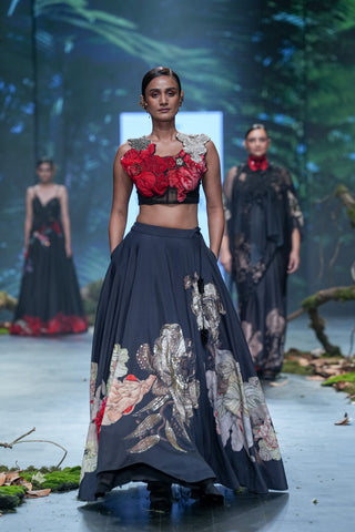 Black Printed & Embroidered Lehenga Set