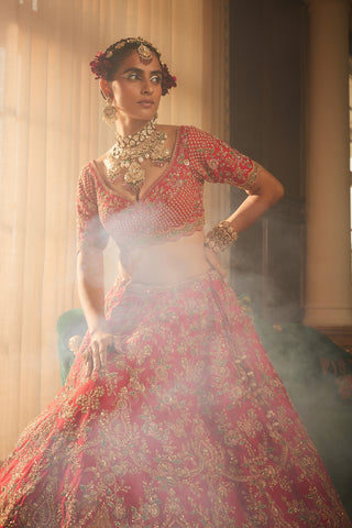 Red heavily embroidered lehenga