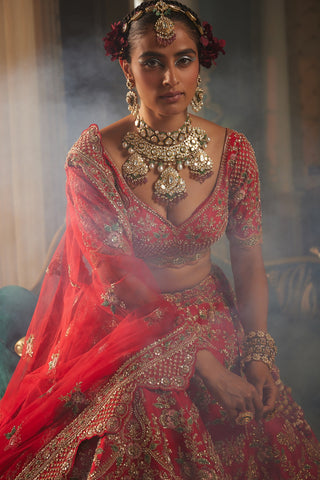 Red heavily embroidered lehenga