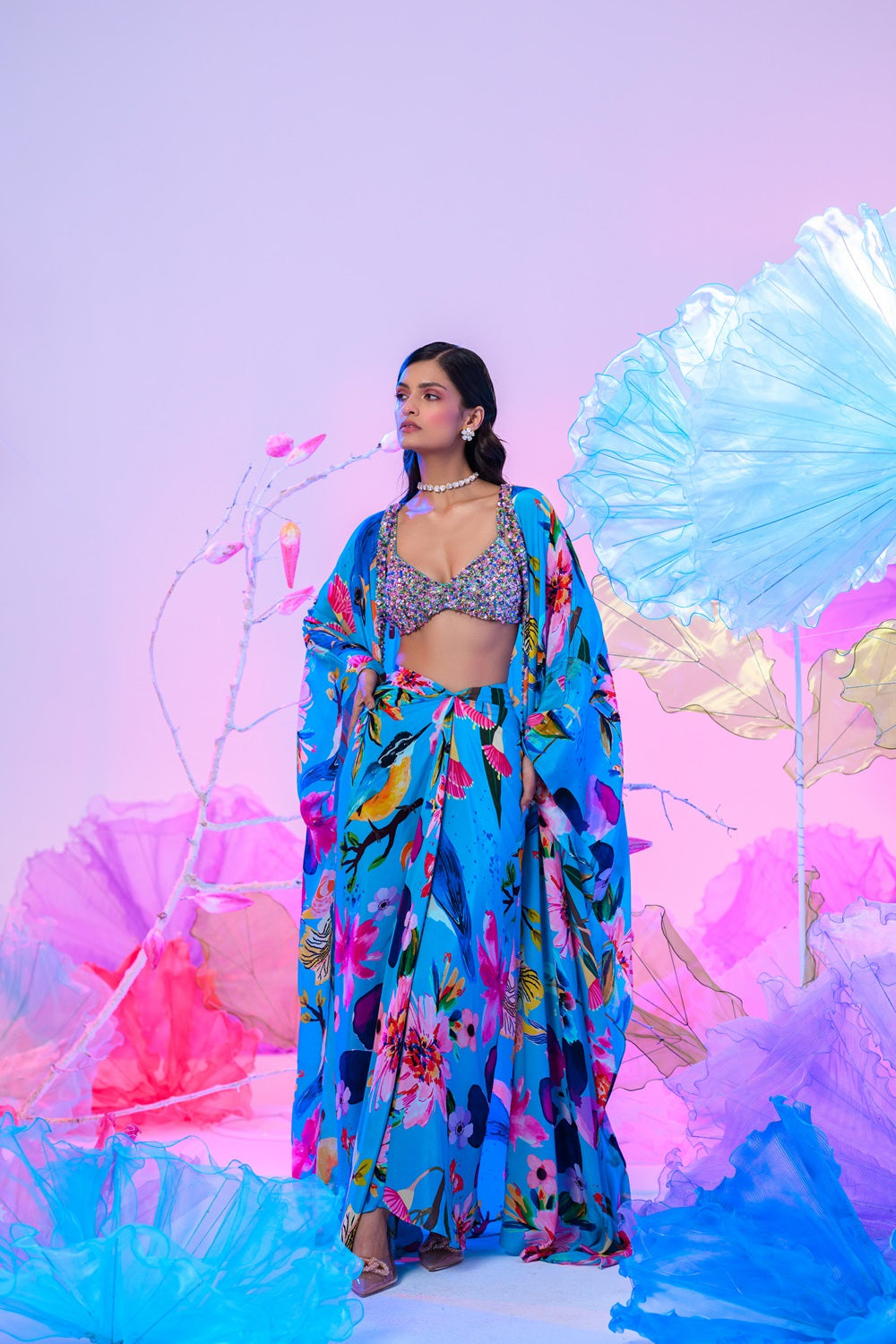 Aqua Dhoti Skirt Set With Embroidered Bralette