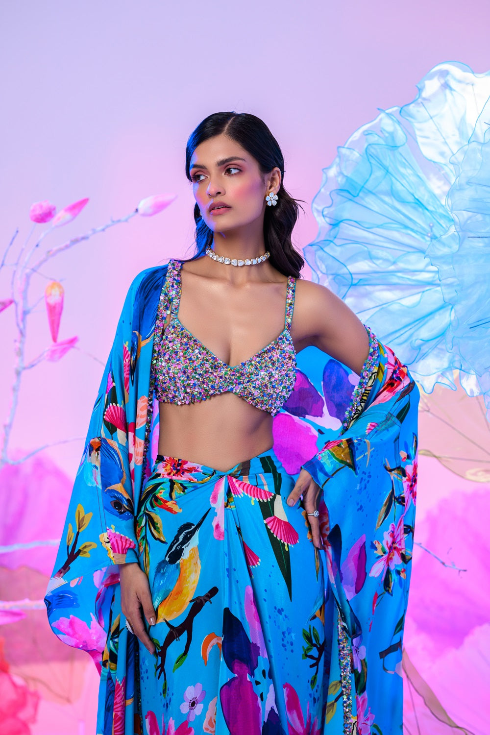 Aqua Dhoti Skirt Set With Embroidered Bralette