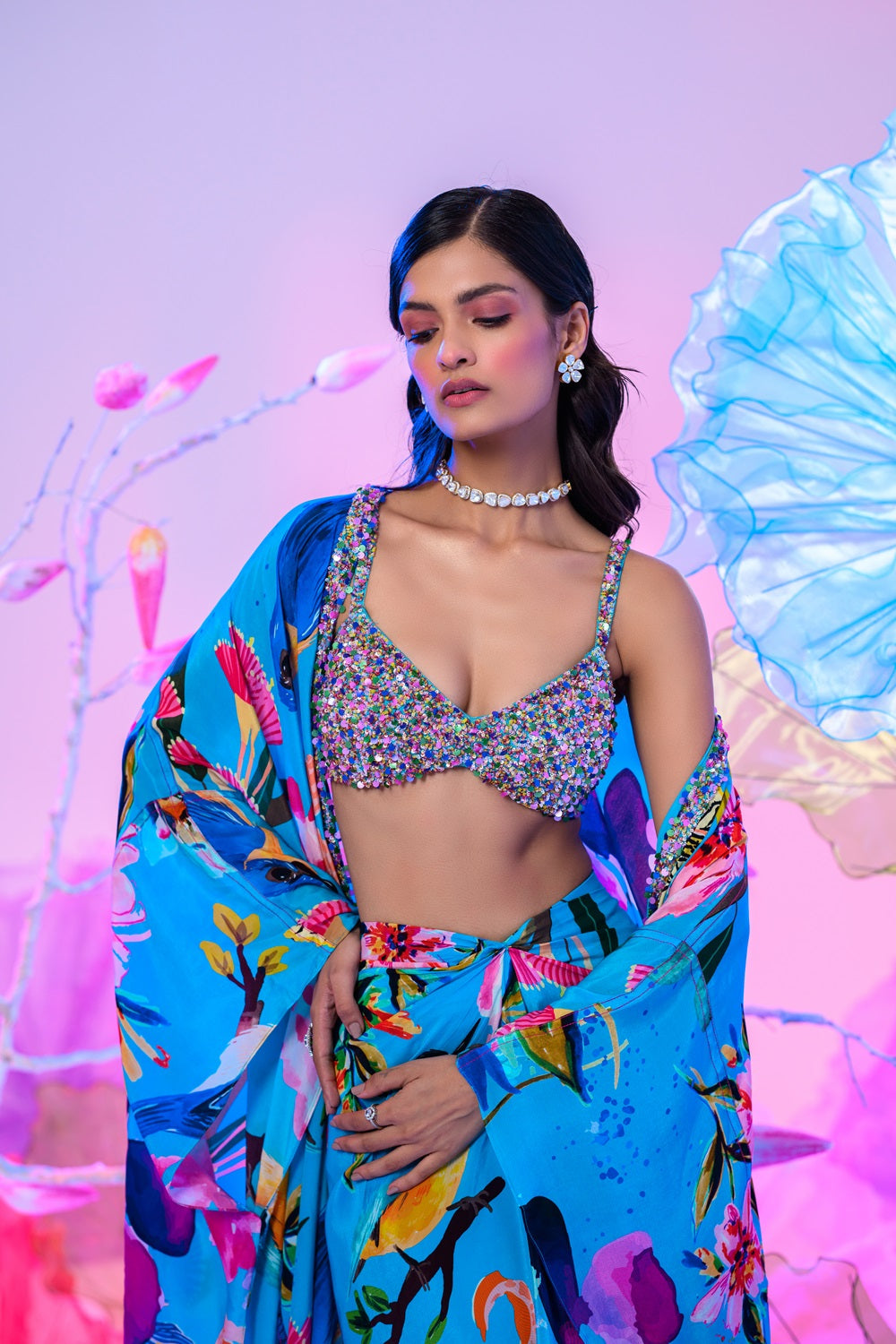 Aqua Dhoti Skirt Set With Embroidered Bralette