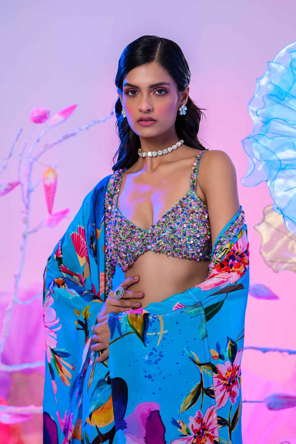 Aqua Dhoti Skirt Set With Embroidered Bralette