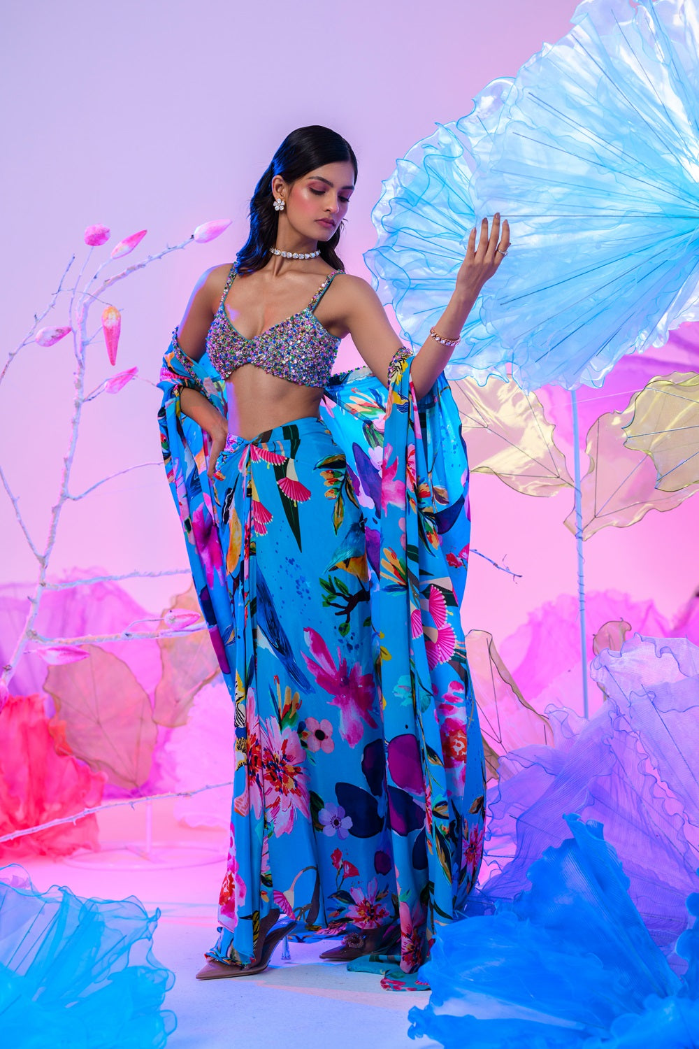 Aqua Dhoti Skirt Set With Embroidered Bralette