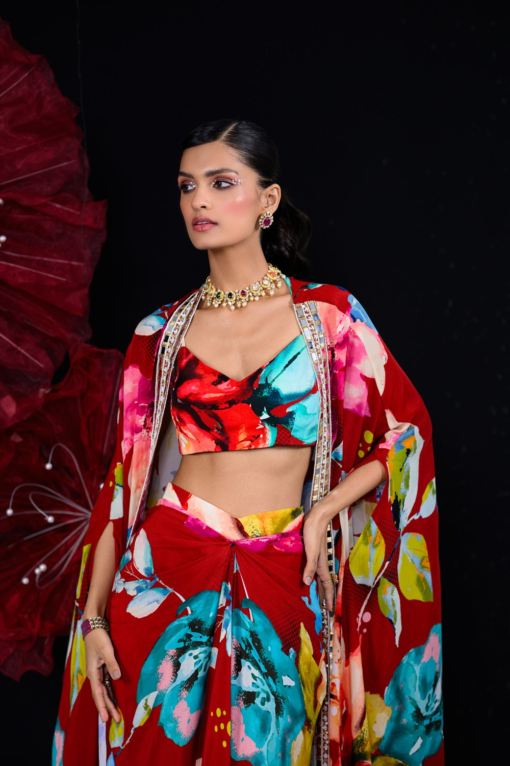 Peony dhoti skirt set printed bralette