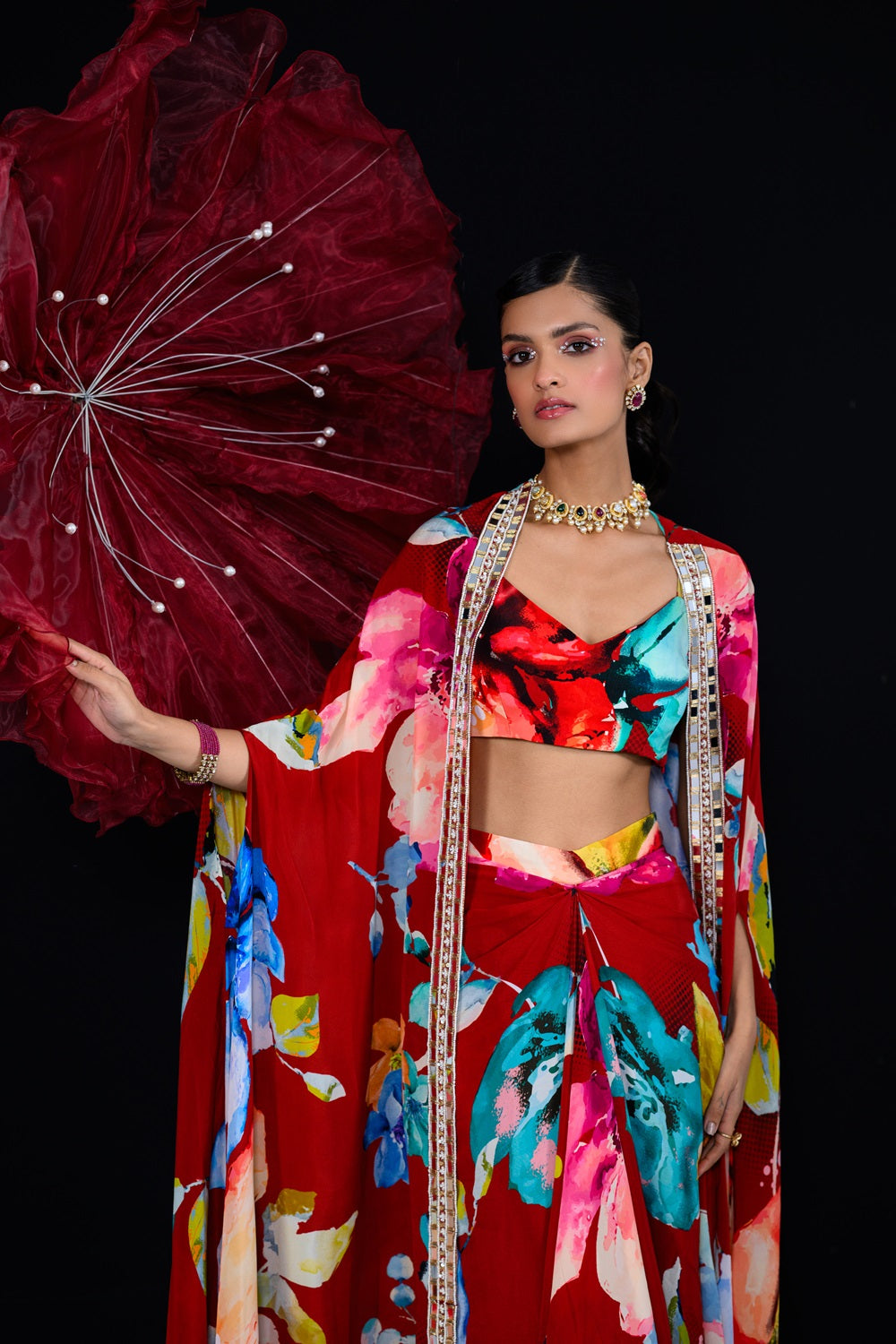 Peony dhoti skirt set printed bralette