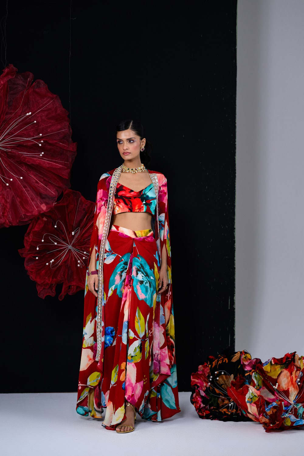 Peony dhoti skirt set printed bralette